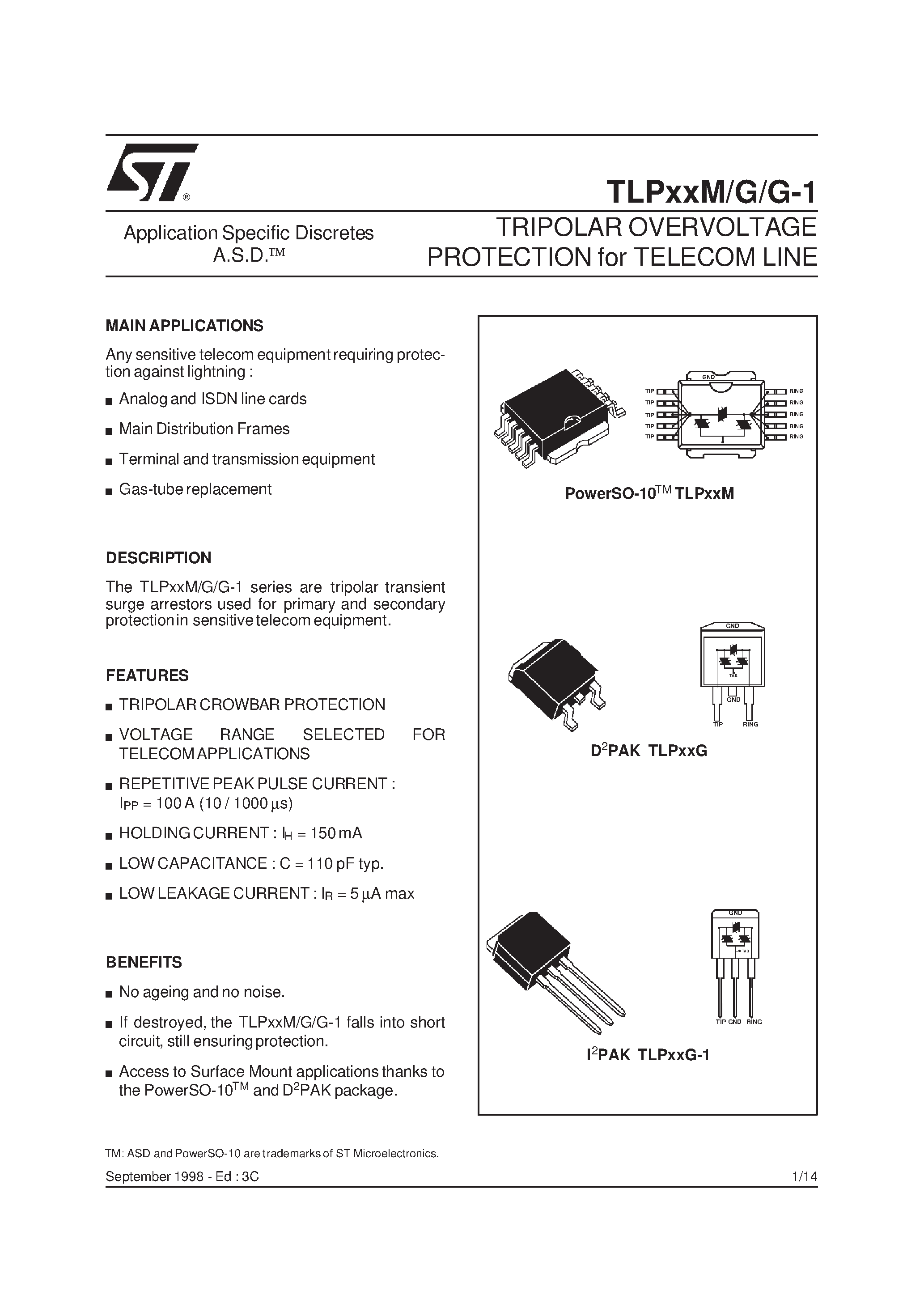 Даташит TLP200G - TRIPOLAR OVERVOLTAGE PROTECTION for TELECOM LINE страница 1