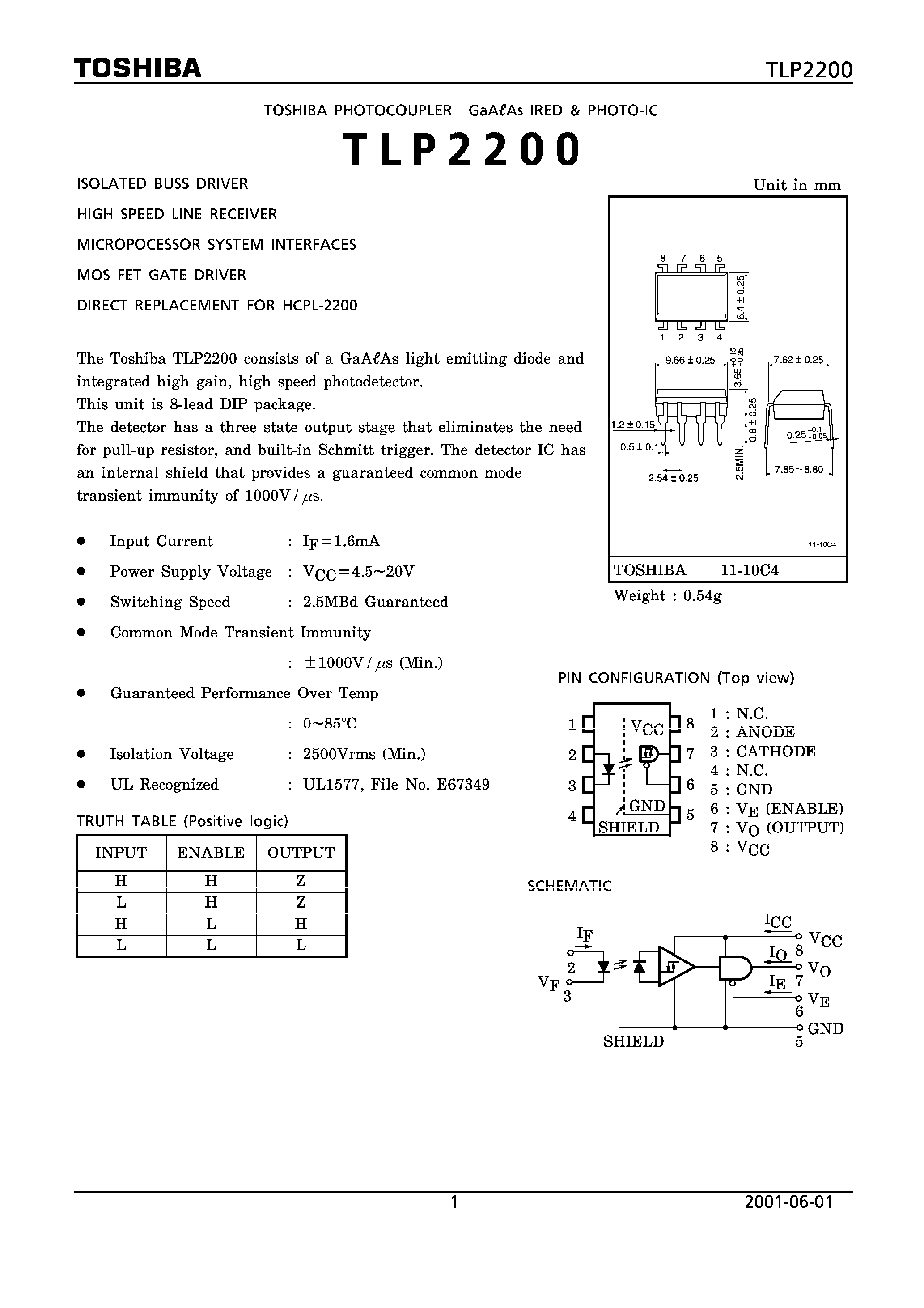 Даташит TLP2200 - isolated buss driver high speed line receiver страница 1