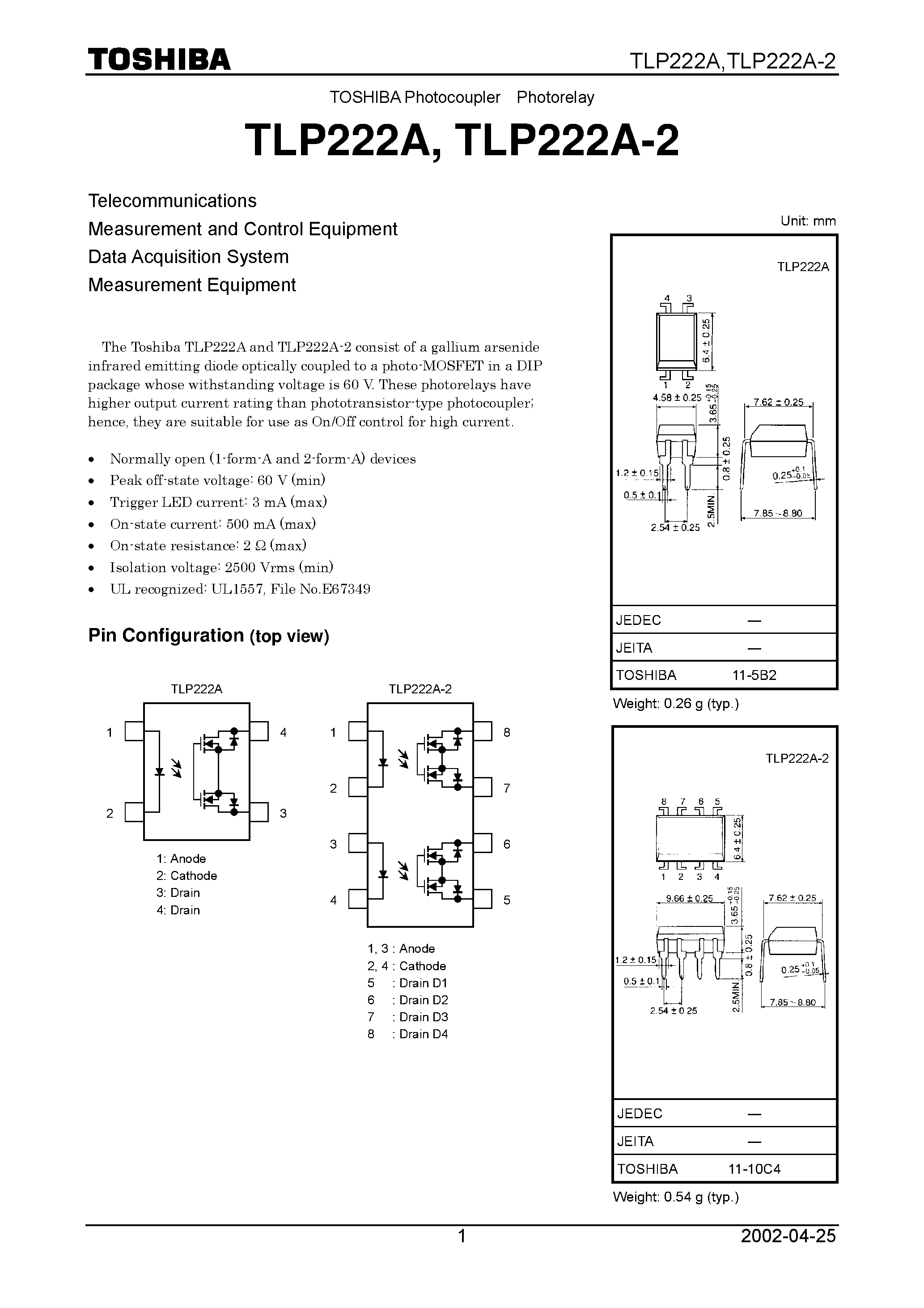 Даташит TLP222A - TOSHIBA Photocoupler Photorelay страница 1