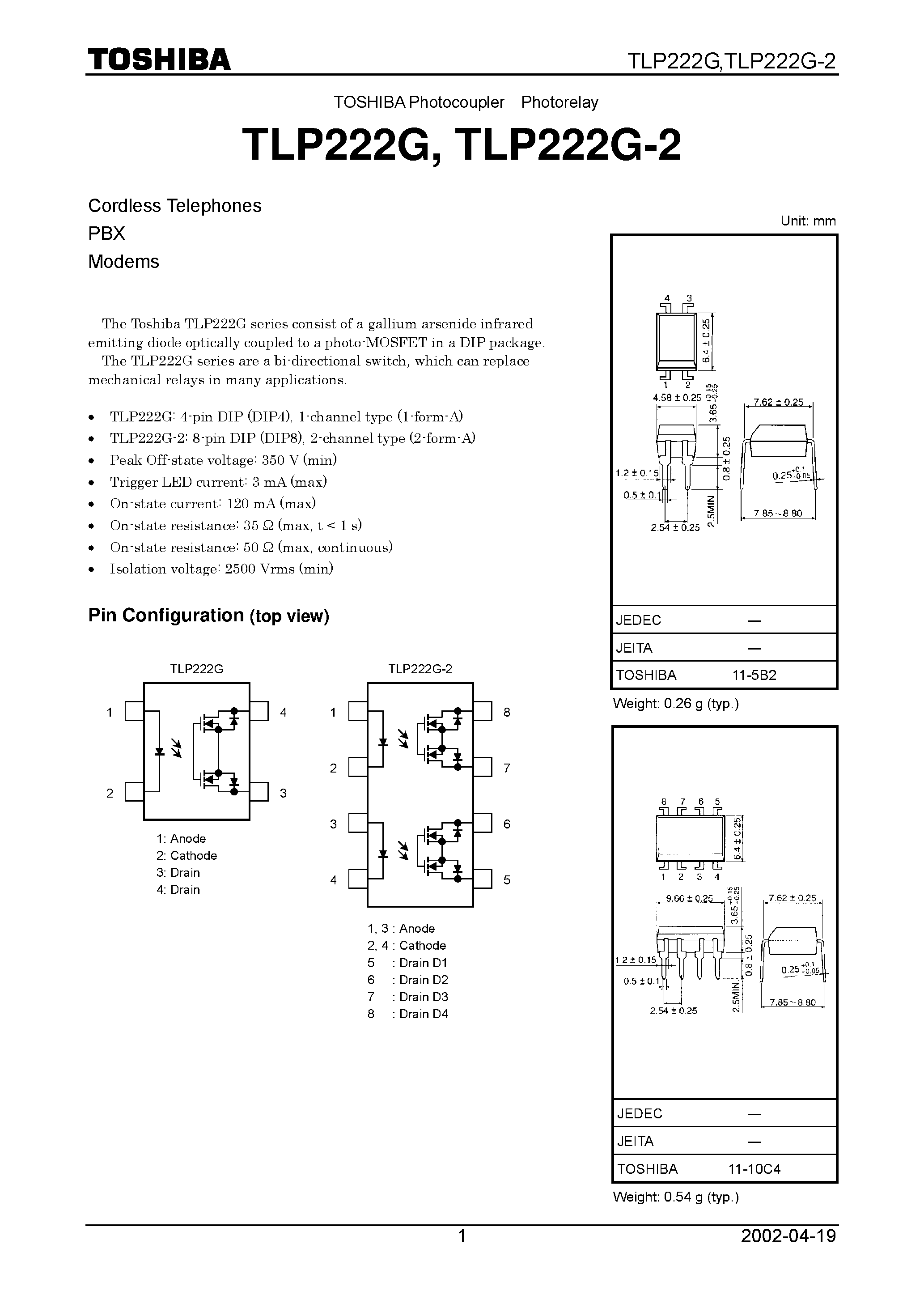 Даташит TLP222G - Cordless Telephones PBX Modems страница 1