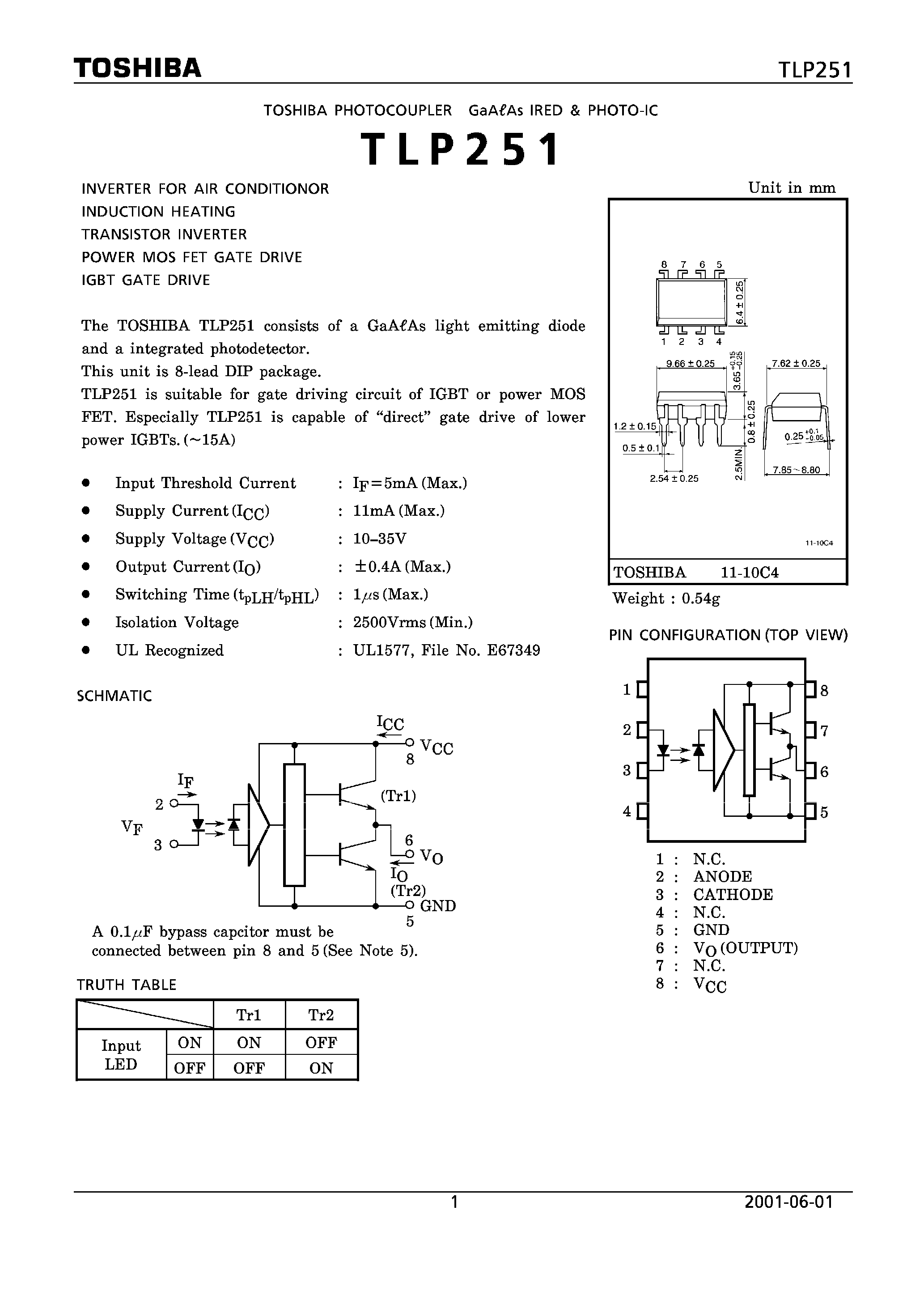 Даташит TLP251 - INVERTER FOR AIR CONDITIONOR INDUCTION HEATING страница 1