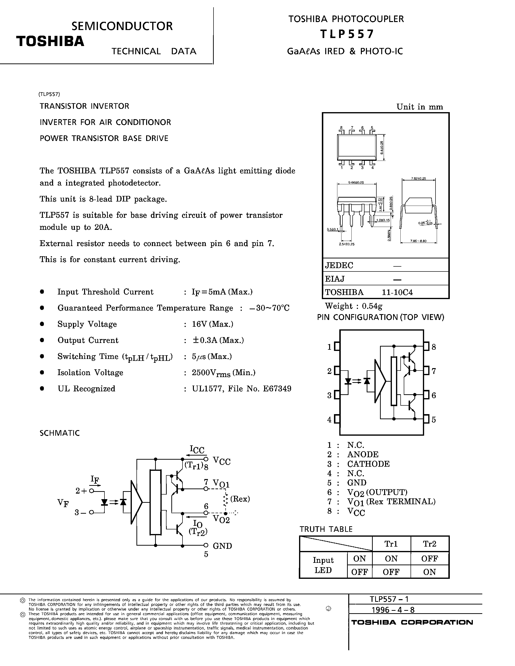 Даташит TLP557 - TRANSISTOR INVERTOR INVERTER FOR AIR CONDITIONOR POWER TRANSISTOR BASE DRIVE страница 1