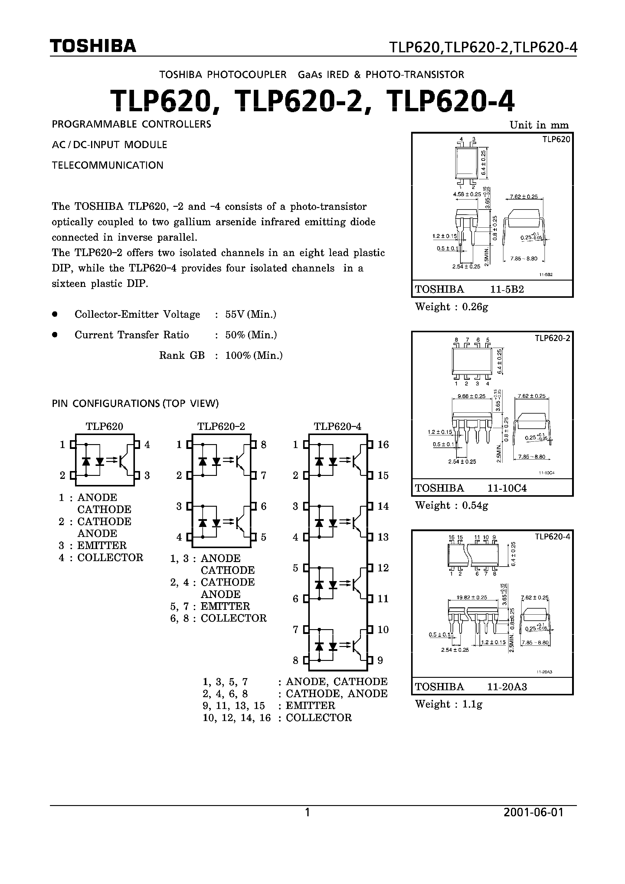 Даташит TLP620 - PROGRAMMABLE CONTROLLERS AC/DC-INPUT MODULE TELECOMMUNICATION страница 1