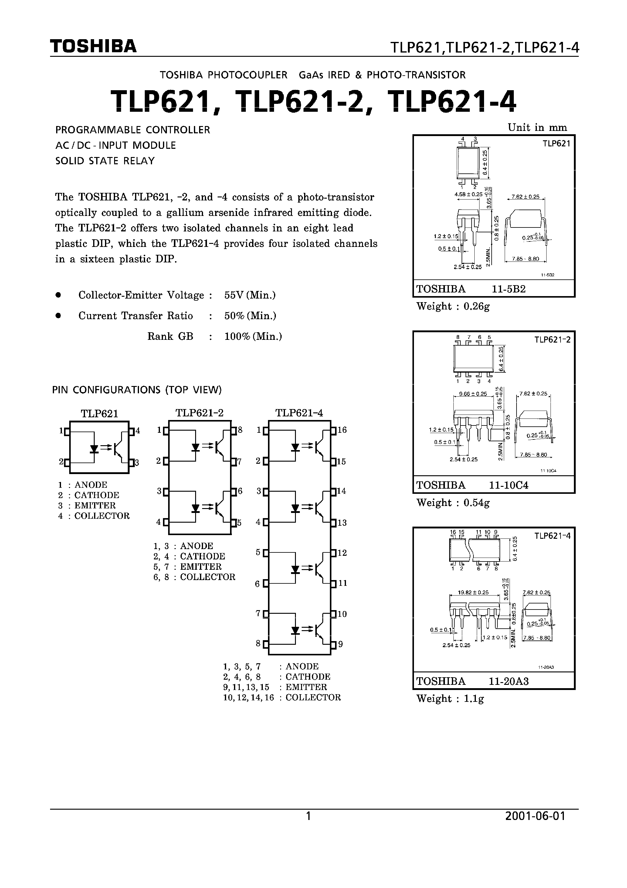 Даташит TLP621 - PROGRAMMABLE CONTROLLER AC/DC-INPUT MODULE SOLID STATE RELAY страница 1