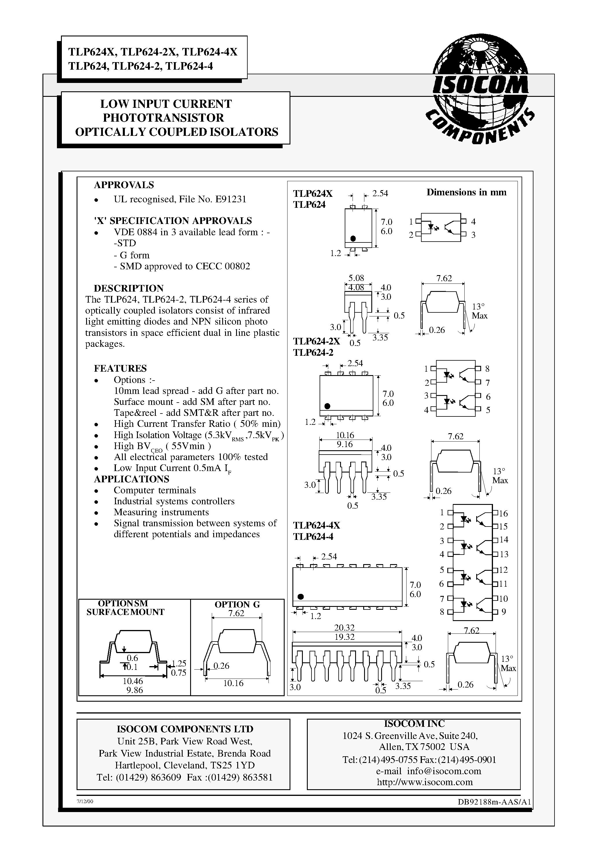 Даташит TLP624 - LOW INPUT CURRENT PHOTOTRANSISTOR OPTICALLY COUPLED ISOLATORS страница 1