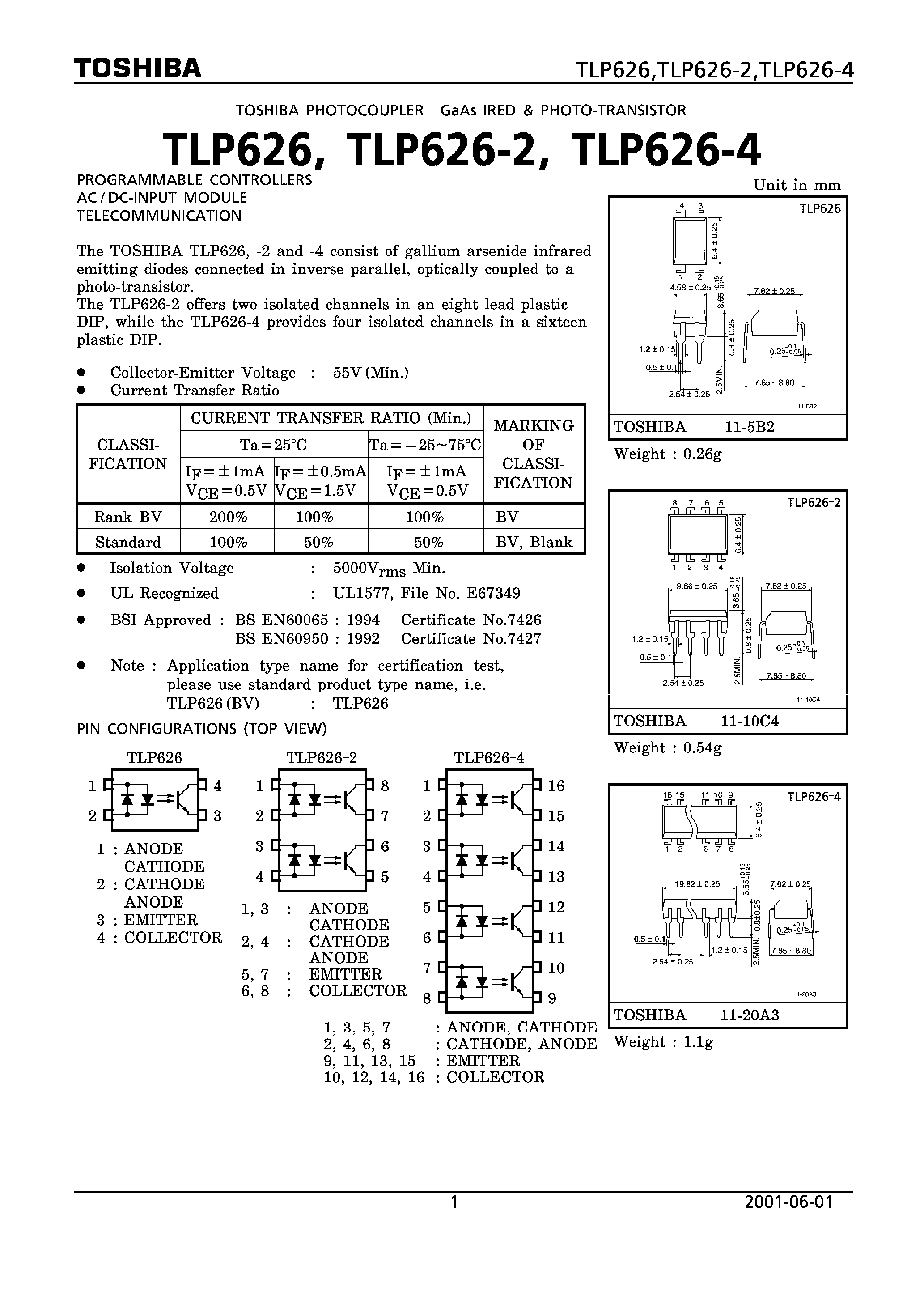 Даташит TLP626 - PROGRAMMABLE CONTROLLERS AC/DC-INPUT MODULE TELECOMMUNICATION страница 1