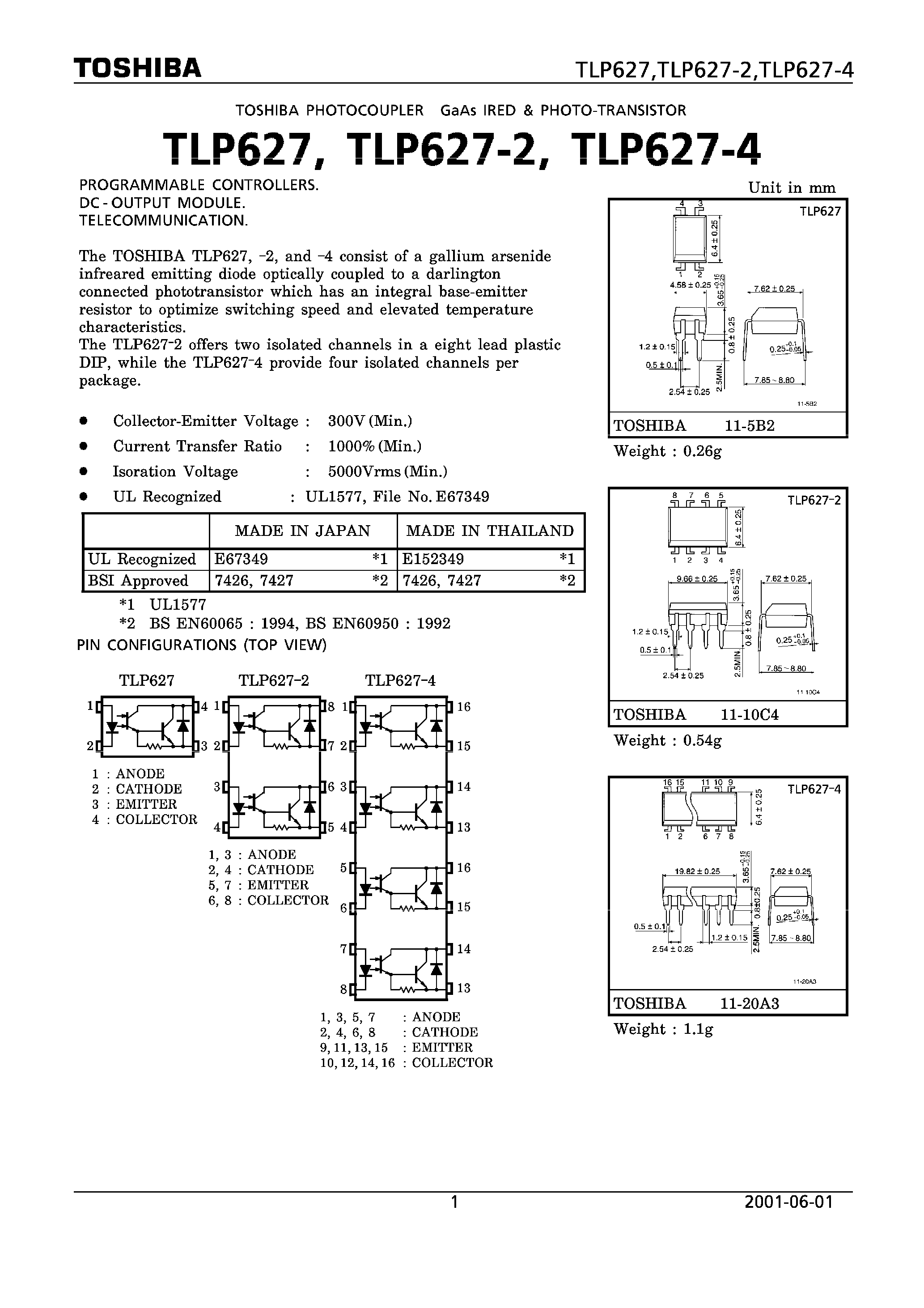 Даташит TLP627 - PROGRAMMABLE CONTROLLERS. DC-OUTPUT MODULE. TELECOMMUNICATION. страница 1