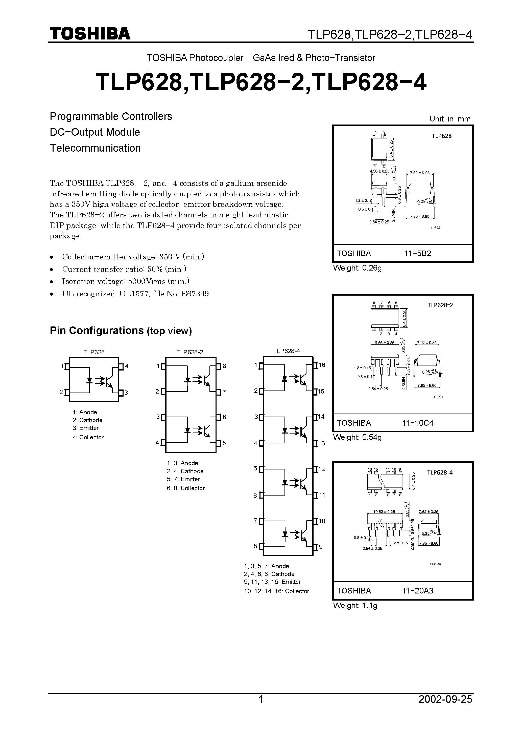 Даташит TLP628 - TOSHIBA Photocoupler GaAs Ired & Photo&#8722;Transistor страница 1