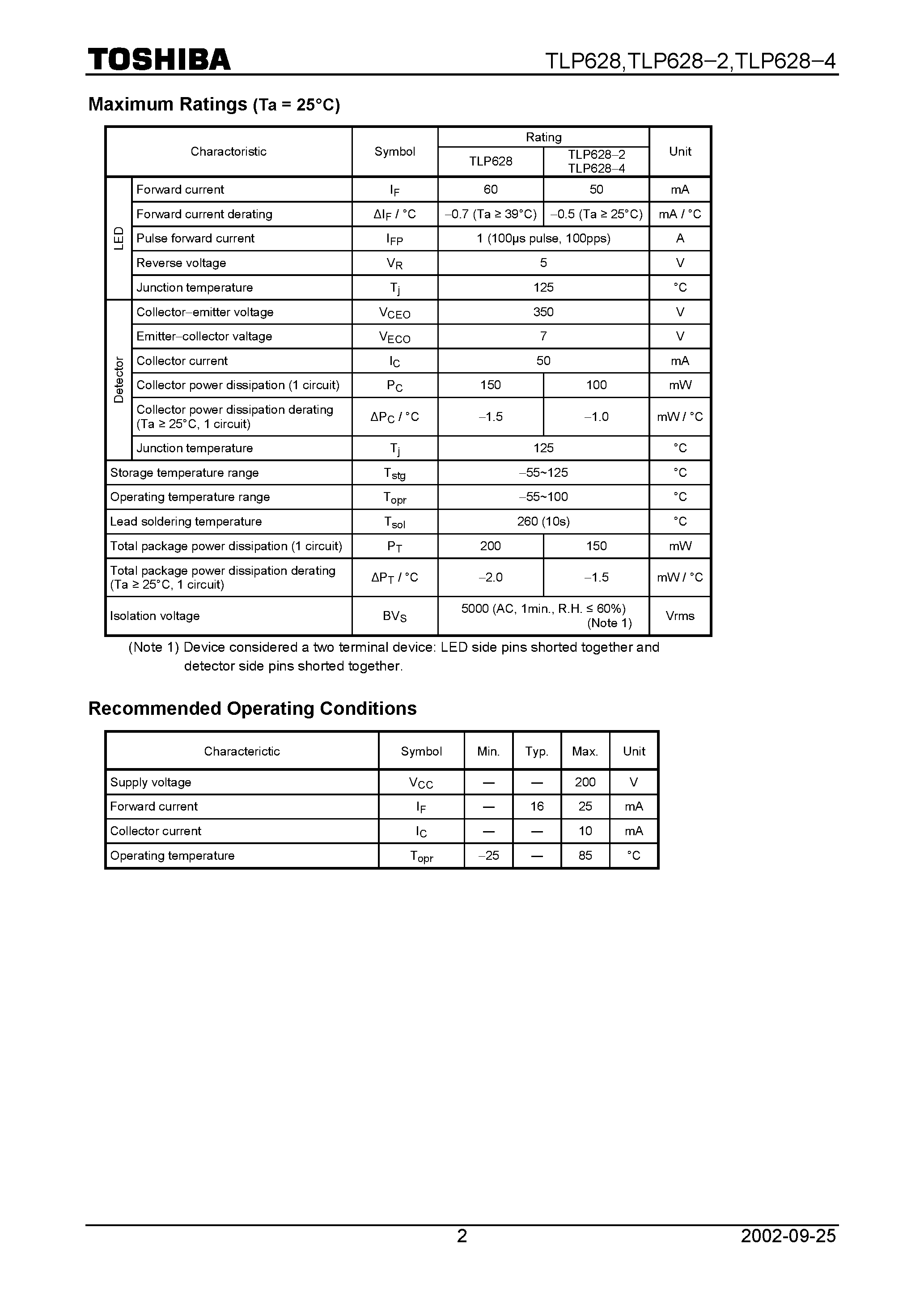 Даташит TLP628 - TOSHIBA Photocoupler GaAs Ired & Photo&#8722;Transistor страница 2
