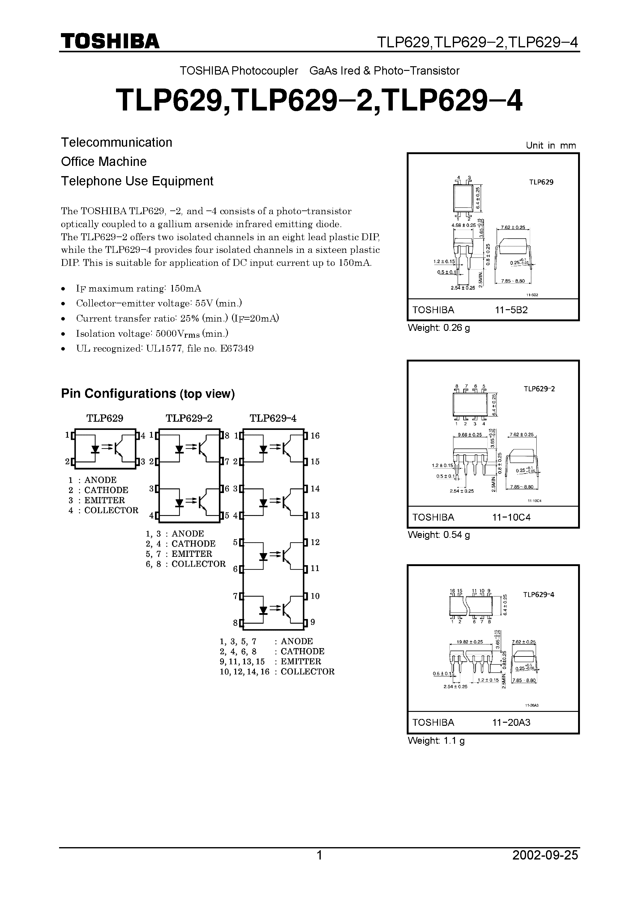 Даташит TLP629 - TOSHIBA Photocoupler GaAs Ired & Photo&#8722;Transistor страница 1