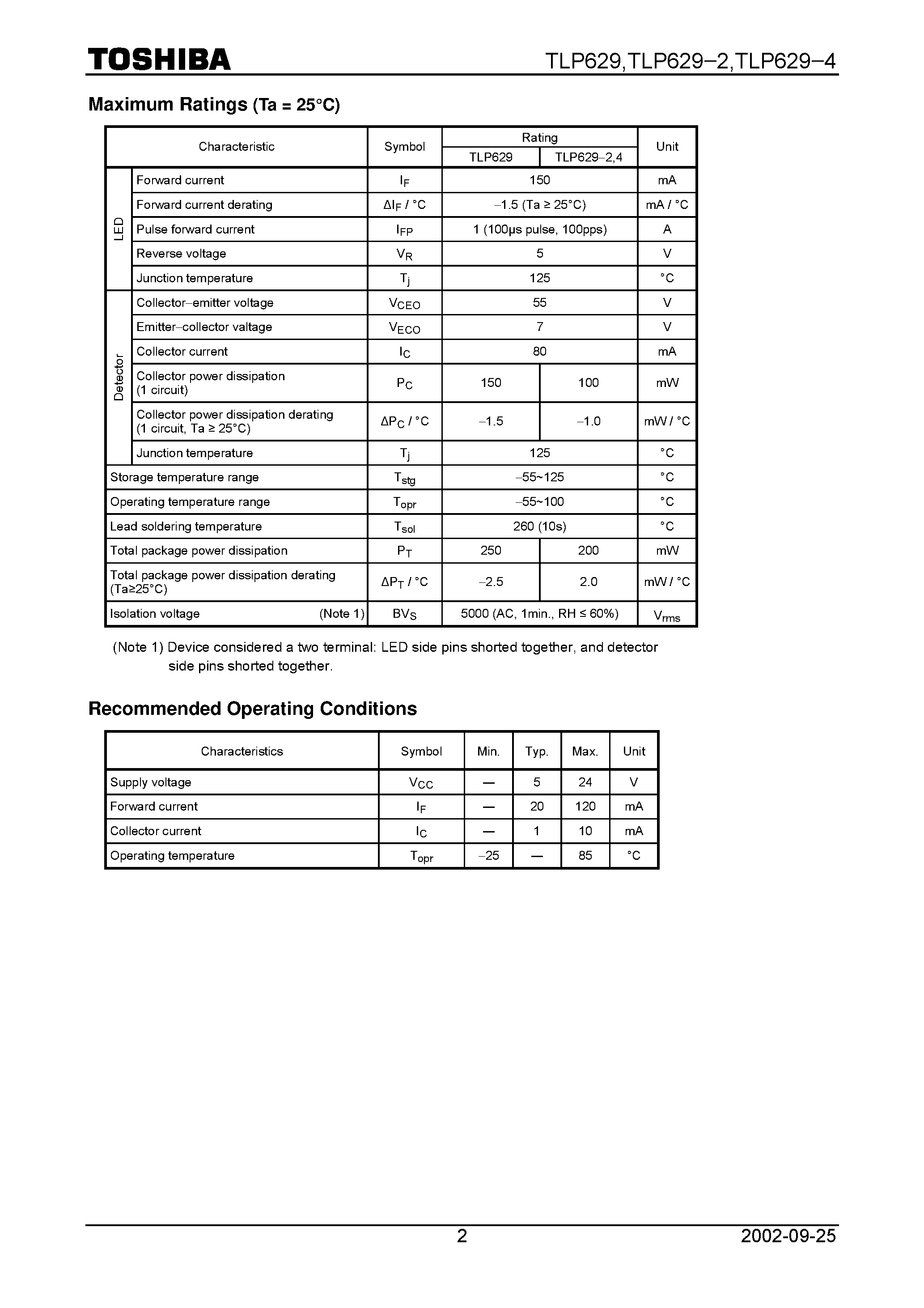 Даташит TLP629 - TOSHIBA Photocoupler GaAs Ired & Photo&#8722;Transistor страница 2