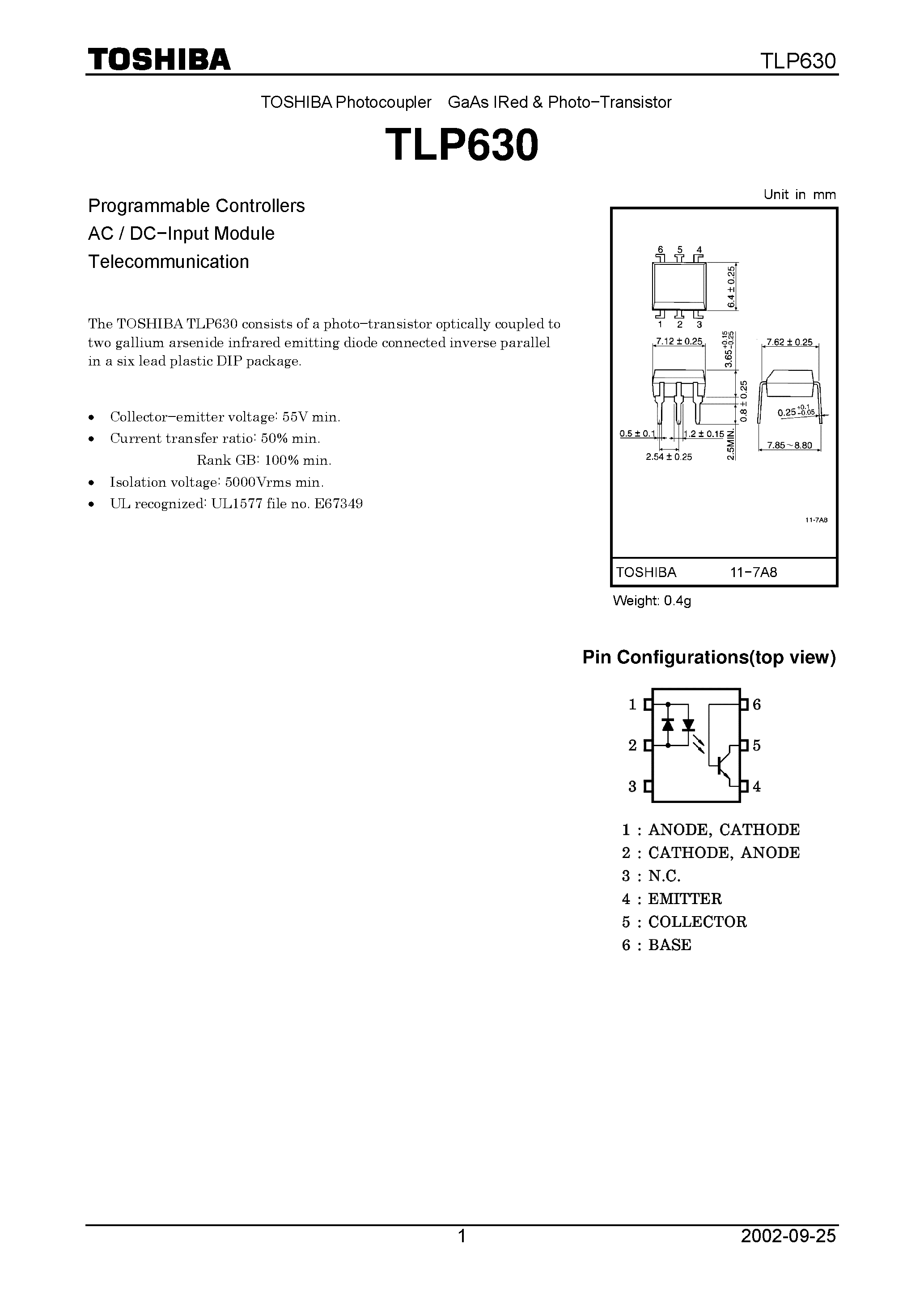 Даташит TLP630 - Programmable Controllers AC / DC&#8722;Input Module Telecommunication страница 1