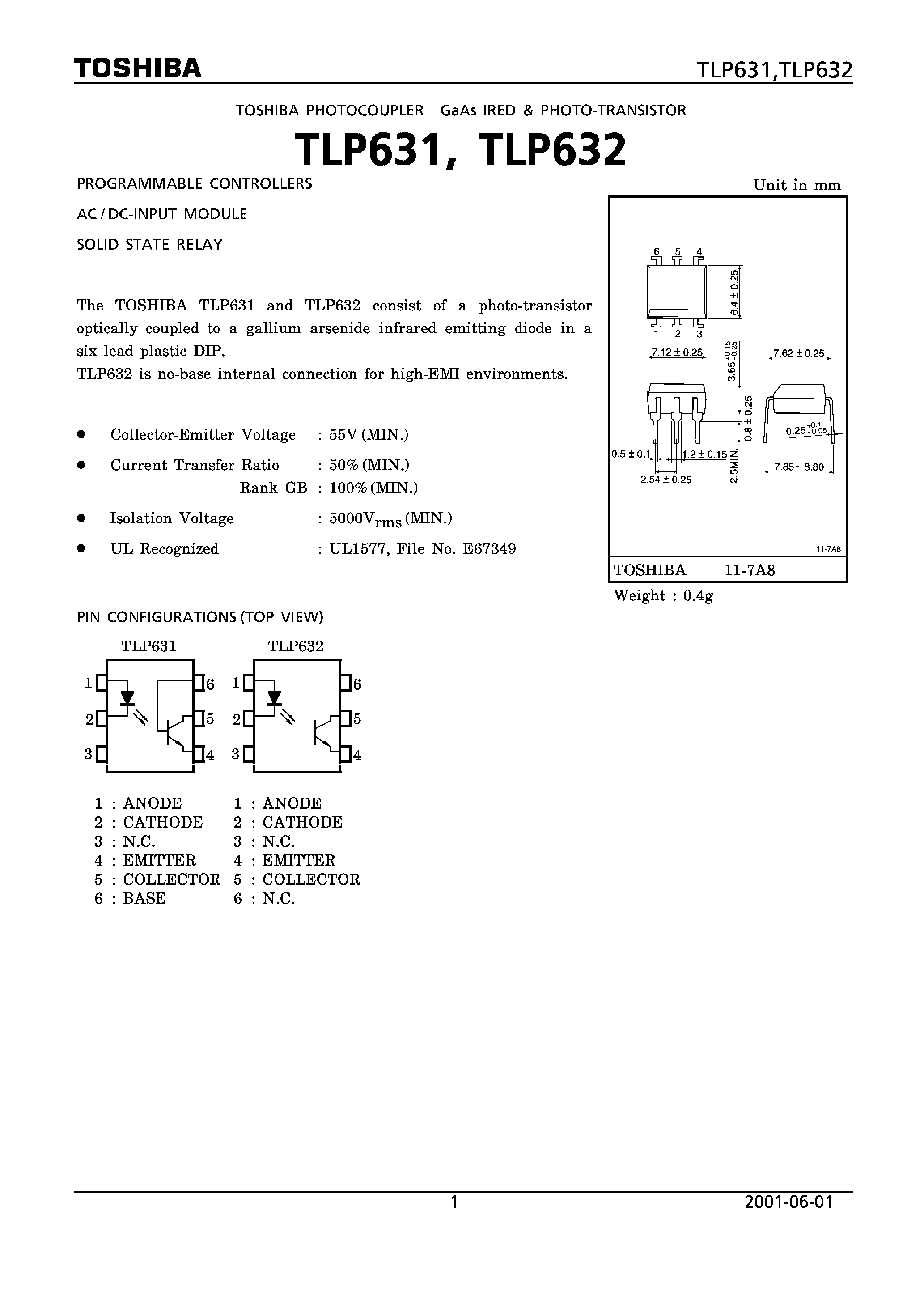 Даташит TLP631 - PROGAMMABLE CONTROLLERS AC/DC-INPUT MODULE SOLID STATE RELAY страница 1