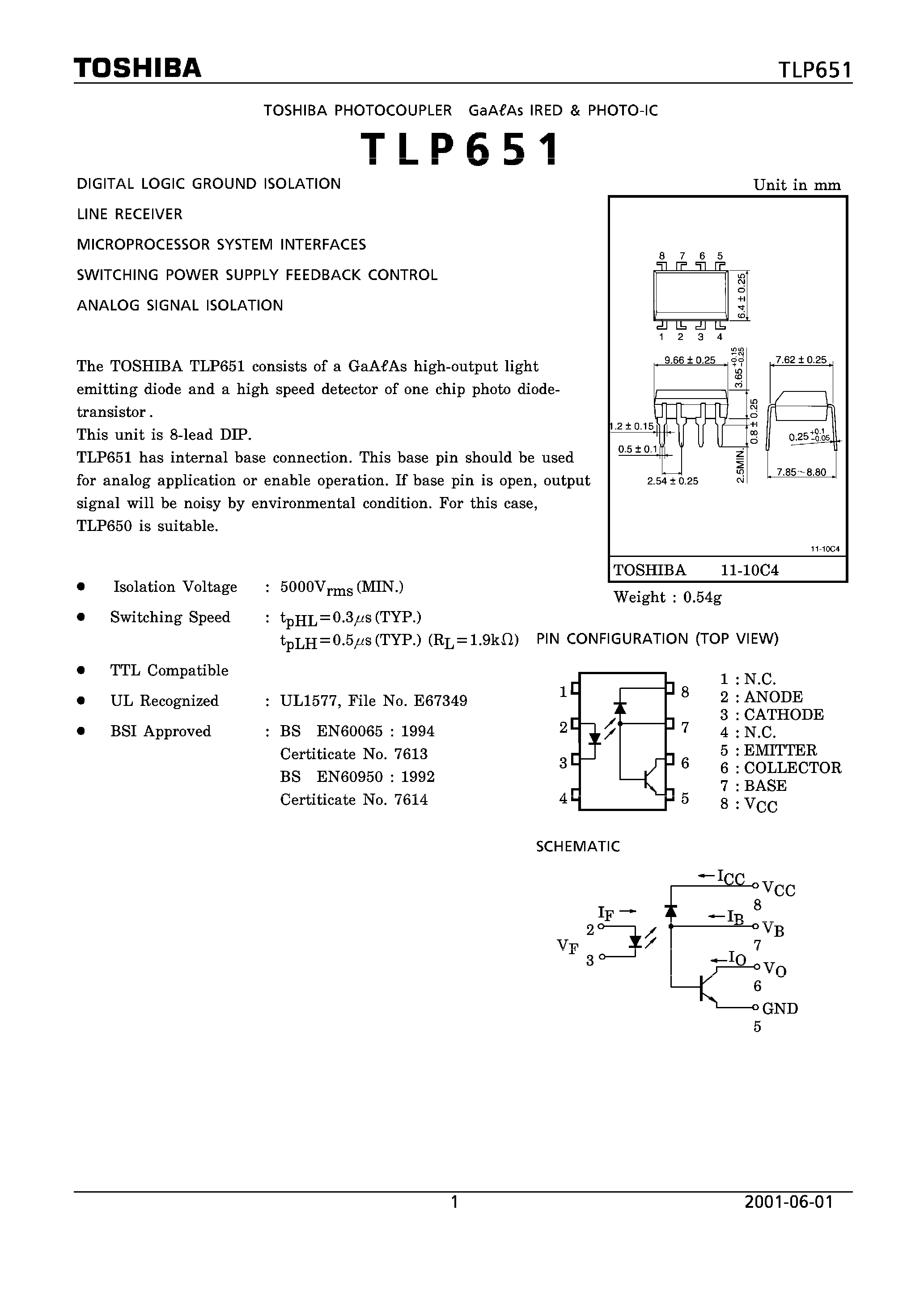 Даташит TLP651 - DIGITAL LOGIC GROUND ISOLATION LINE RECEIVER страница 1