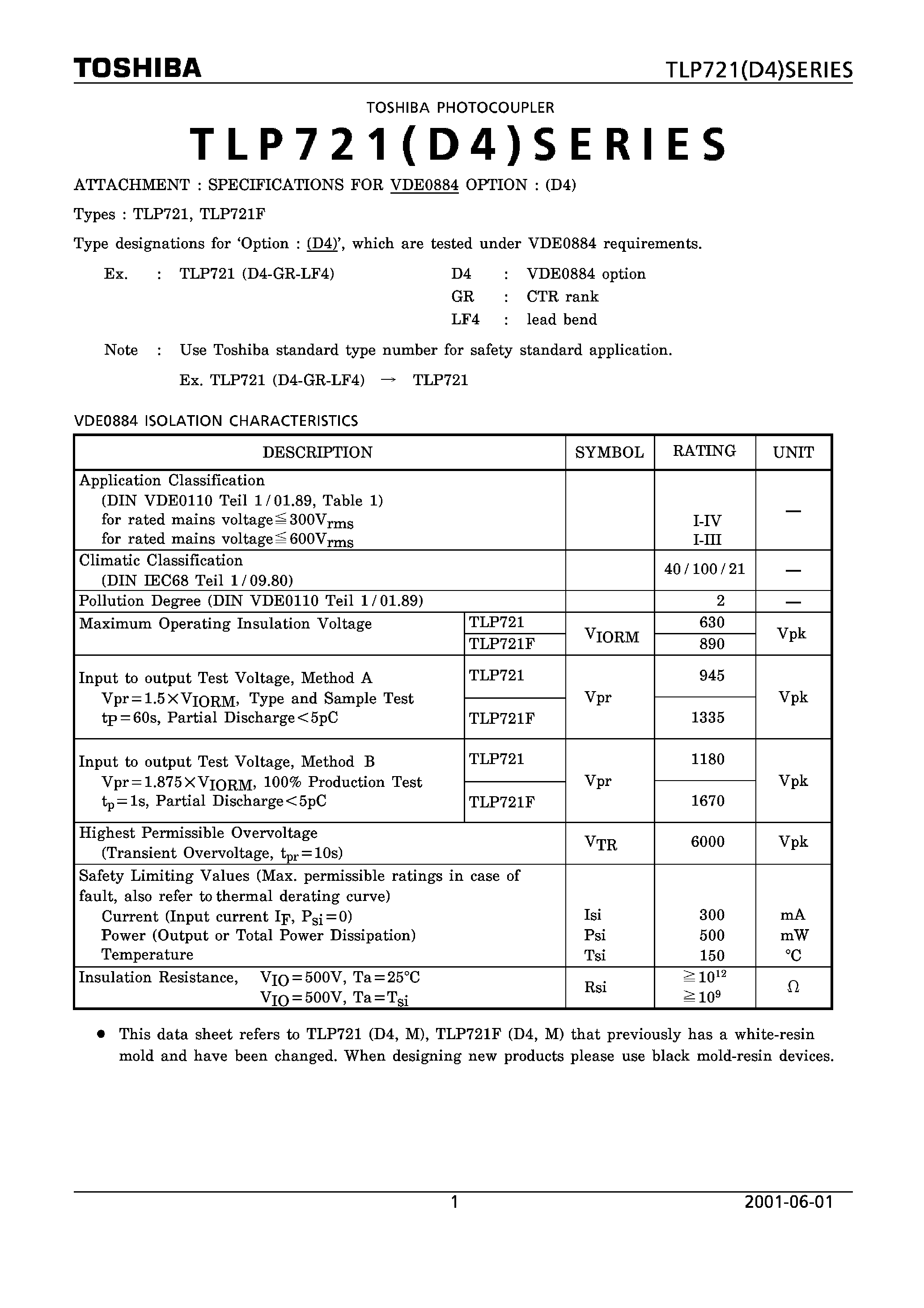 Даташит TLP721 - ATTACHMENT : SPECIFICATIONS FOR VDE0884 OPTION : (D4) страница 1