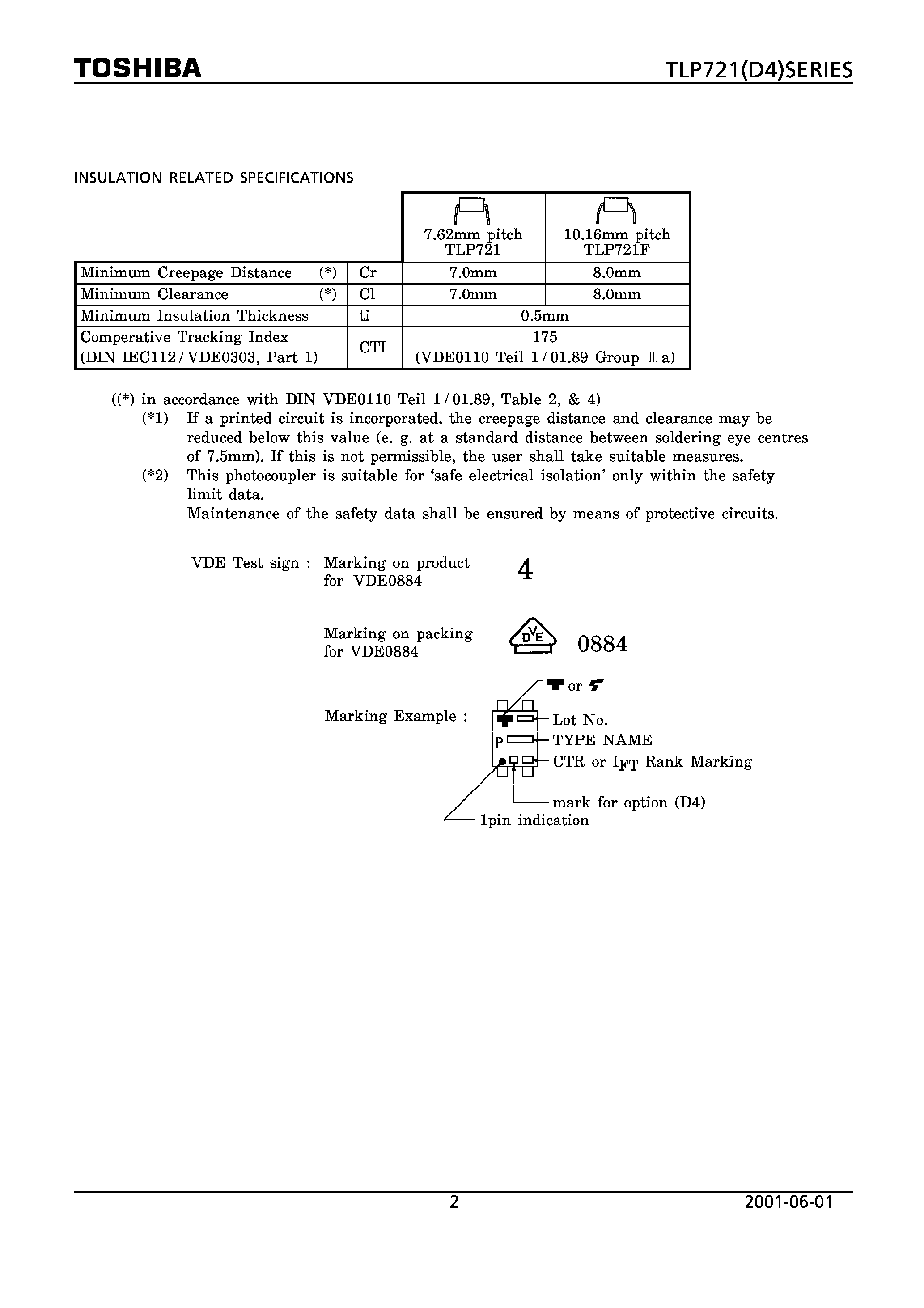 Даташит TLP721 - ATTACHMENT : SPECIFICATIONS FOR VDE0884 OPTION : (D4) страница 2