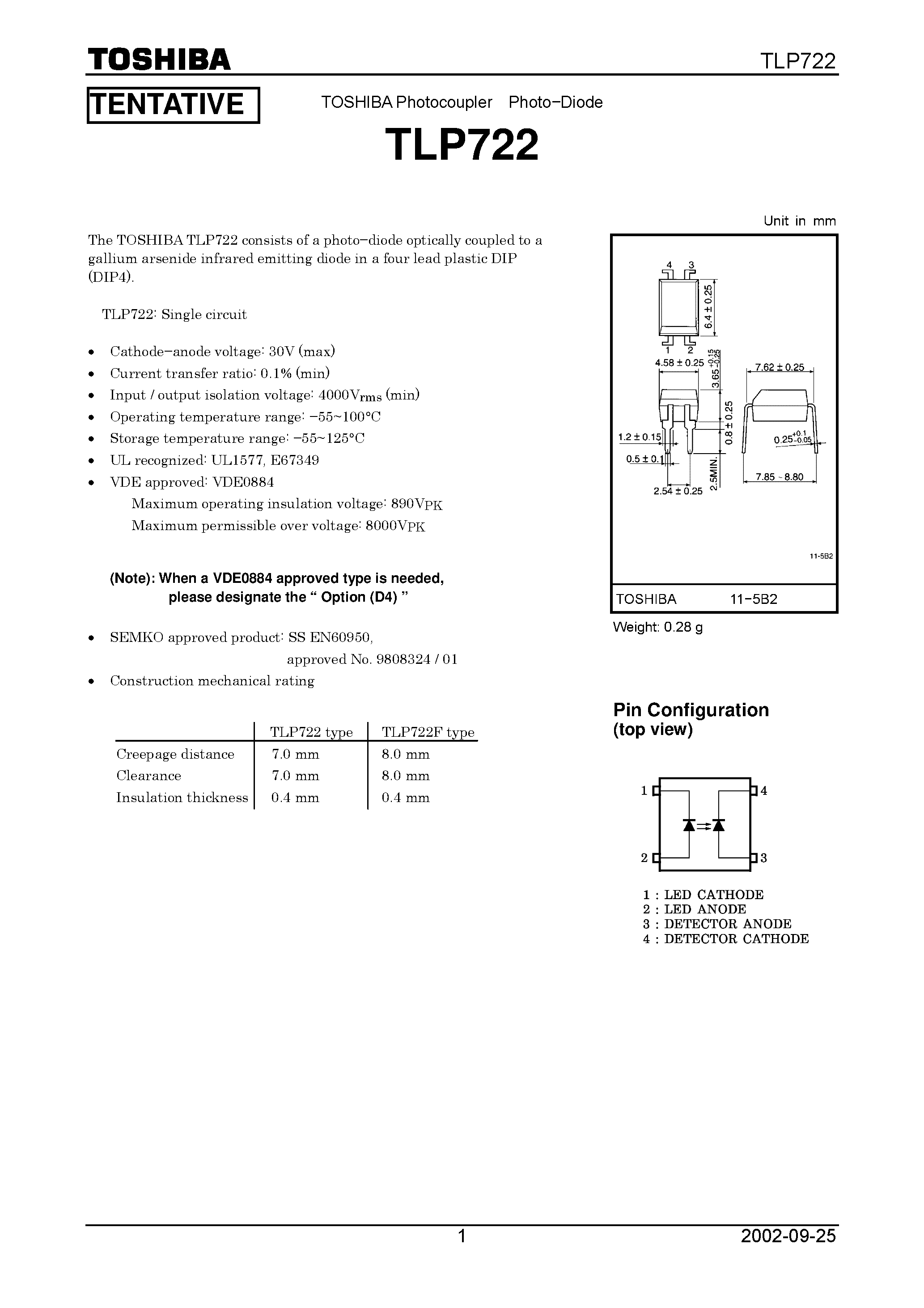 Даташит TLP722 - Photocoupler Photo&#8722;Diode страница 1