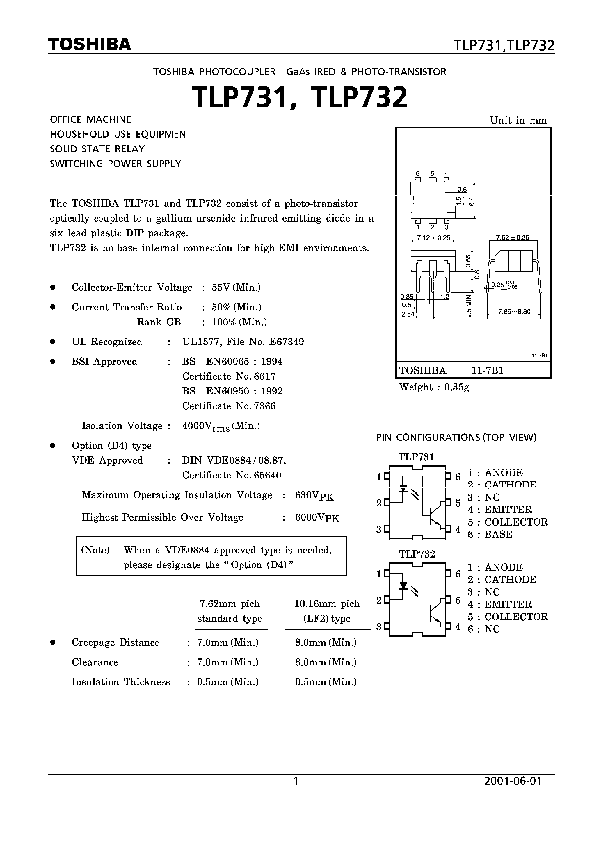 Даташит TLP731 - OFFICE MACHINE HOUSEHOLD USE EQUIPMENT SOLID STATE RELAY SWITCHING POWER SUPPLY страница 1