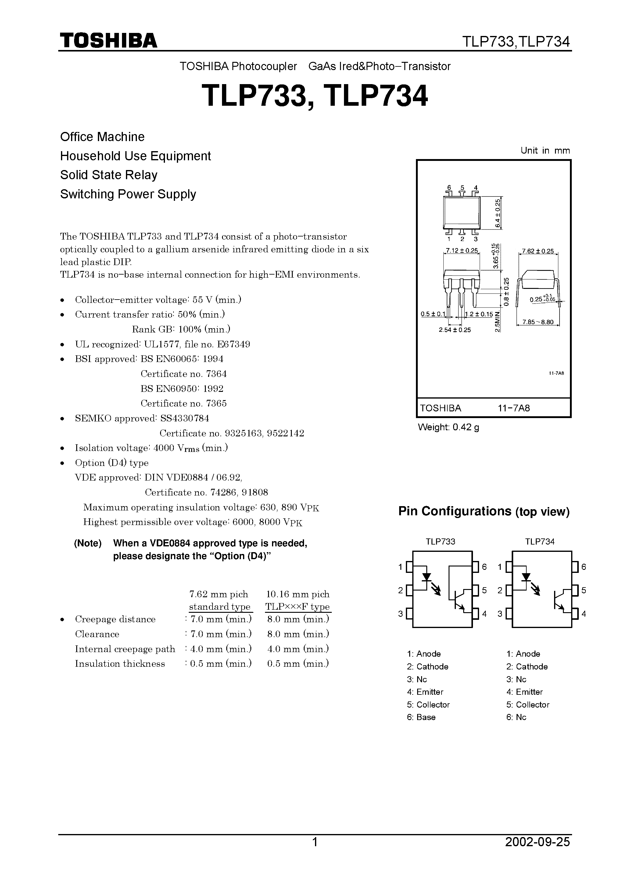 Даташит TLP733 - GaAs Ired&Photo&#8722;Transistor страница 1