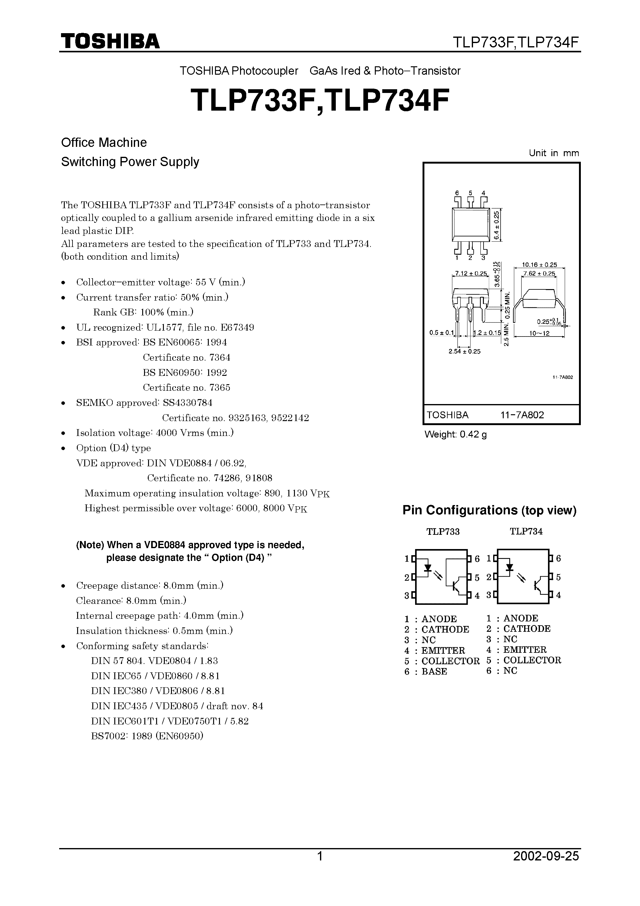 Даташит TLP733F - GaAs Ired & Photo&#8722;Transistor страница 1