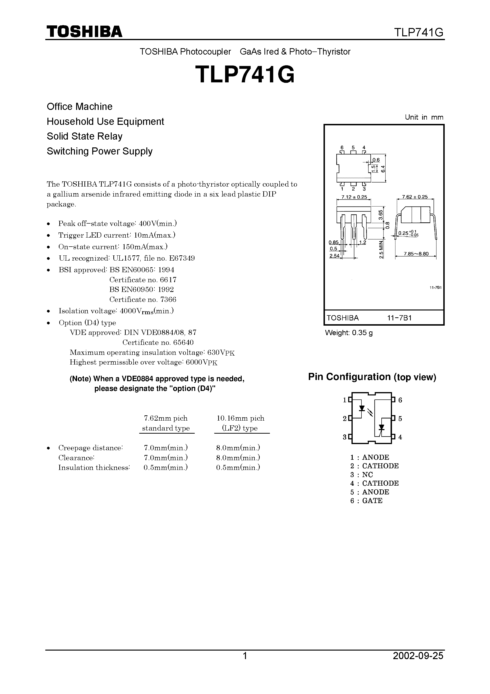 Даташит TLP741G - TOSHIBA Photocoupler GaAs Ired & Photo&#8722;Thyristor страница 1