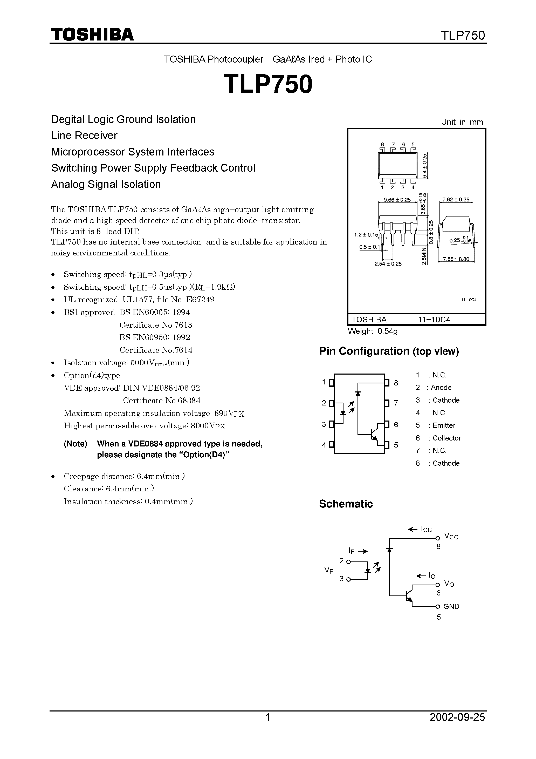 Даташит TLP750 - TOSHIBA Photocoupler GaAAs Ired + Photo IC страница 1