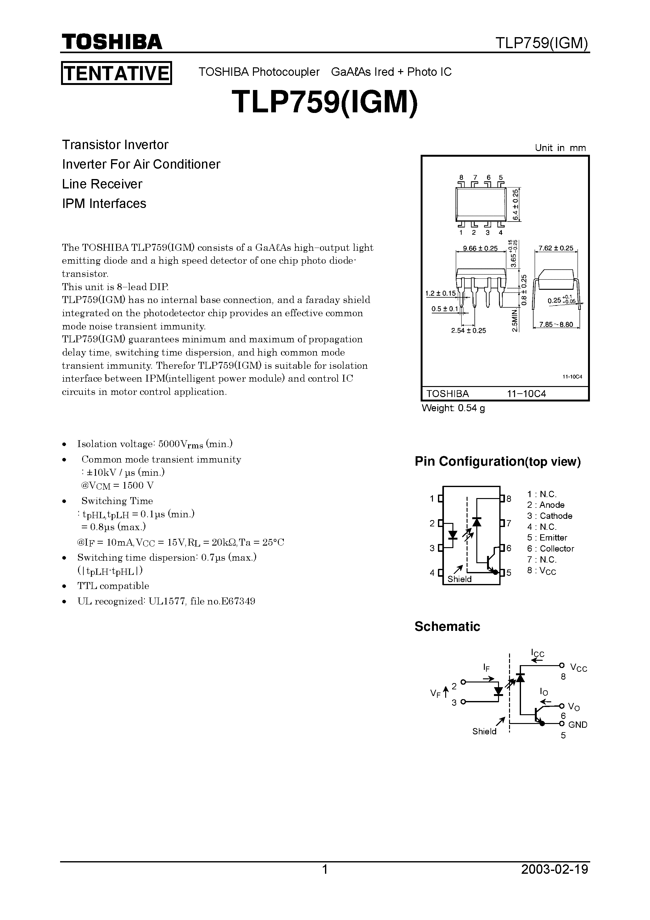 Даташит TLP759 - Transistor Invertor Inverter For Air Conditioner Line Receiver IPM Interfaces страница 1