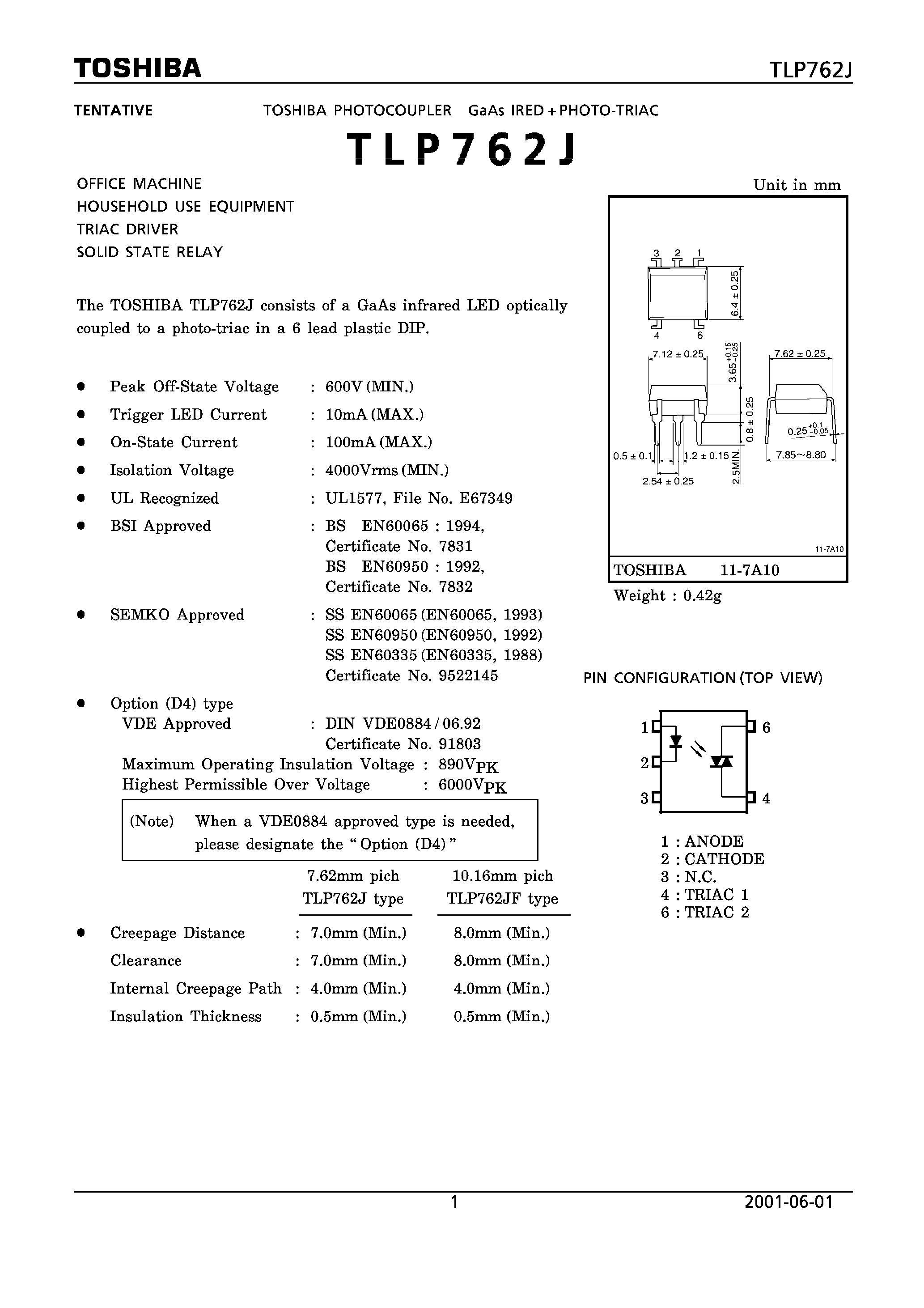 Даташит TLP762J - OFFICE MACHINE HOUSEHOLD USE EQUPMINT TRIAC DRIVER SOLID STATE RELAY страница 1