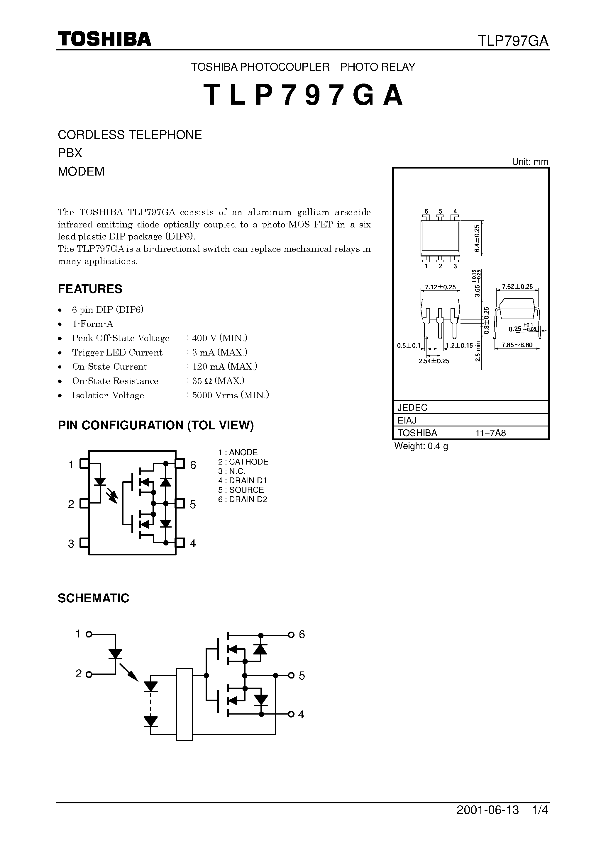 Даташит TLP797GA - TOSHIBA PHOTOCOUPLER PHOTO RELAY страница 1