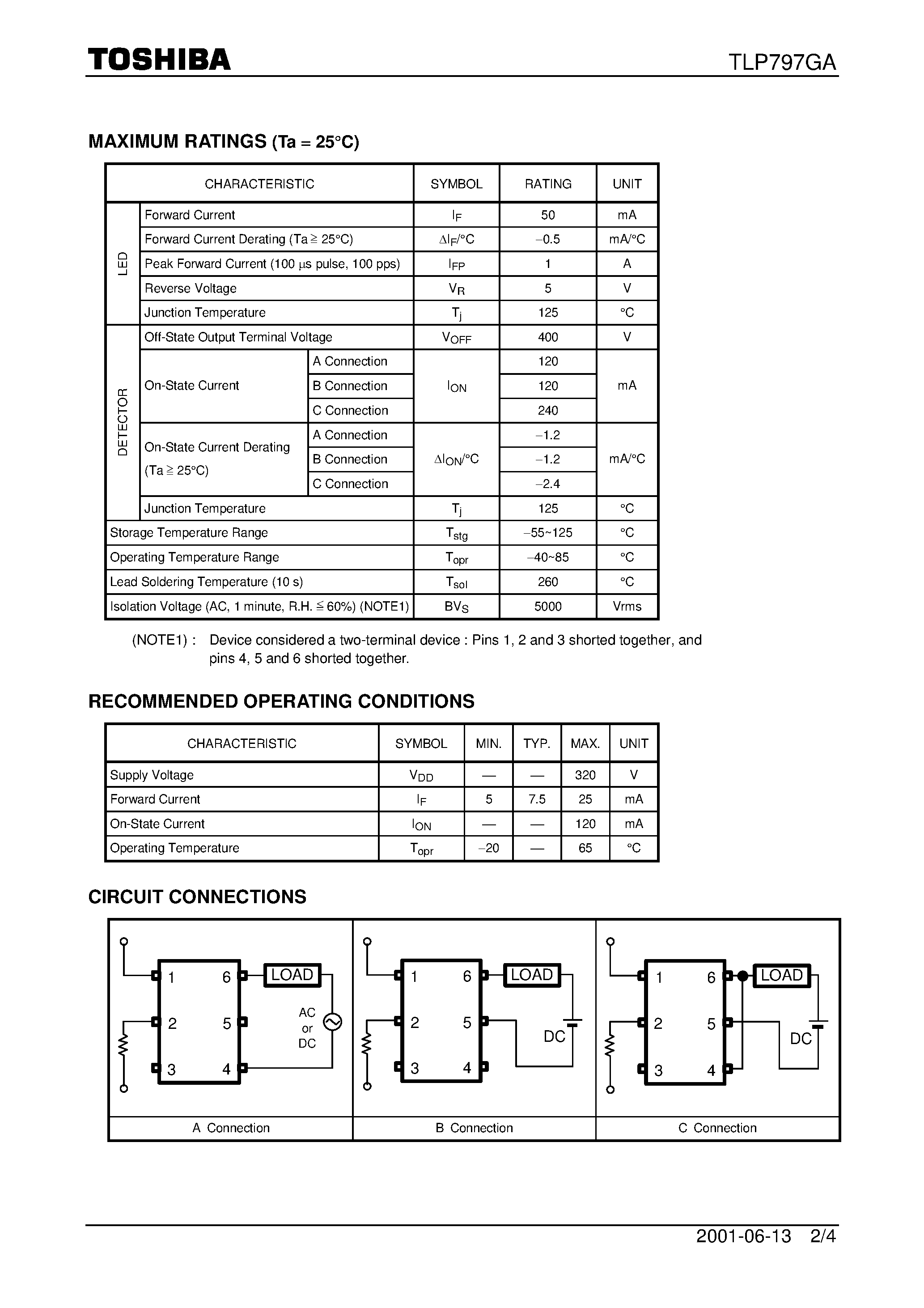 Даташит TLP797GA - TOSHIBA PHOTOCOUPLER PHOTO RELAY страница 2