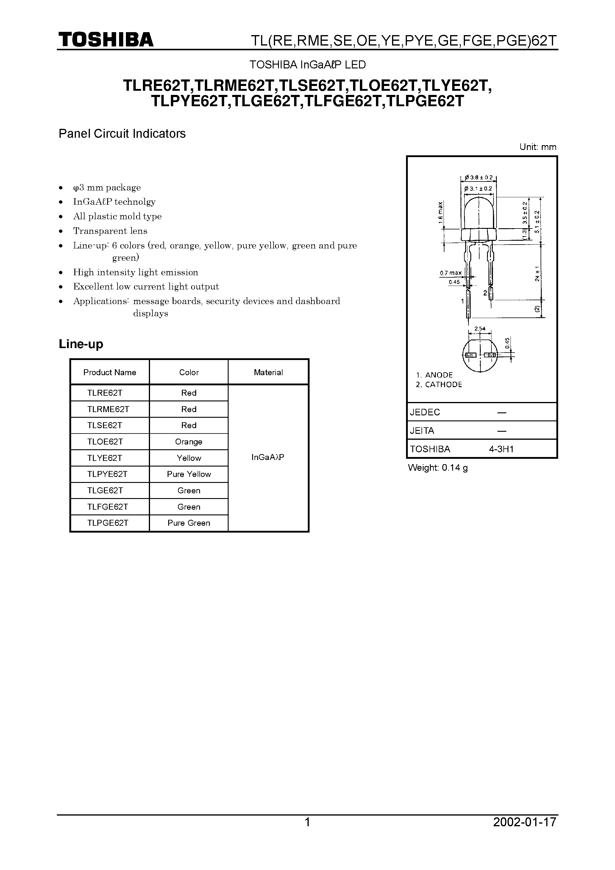 Даташит TLPYE62T - TOSHIBA InGaA P LED страница 1