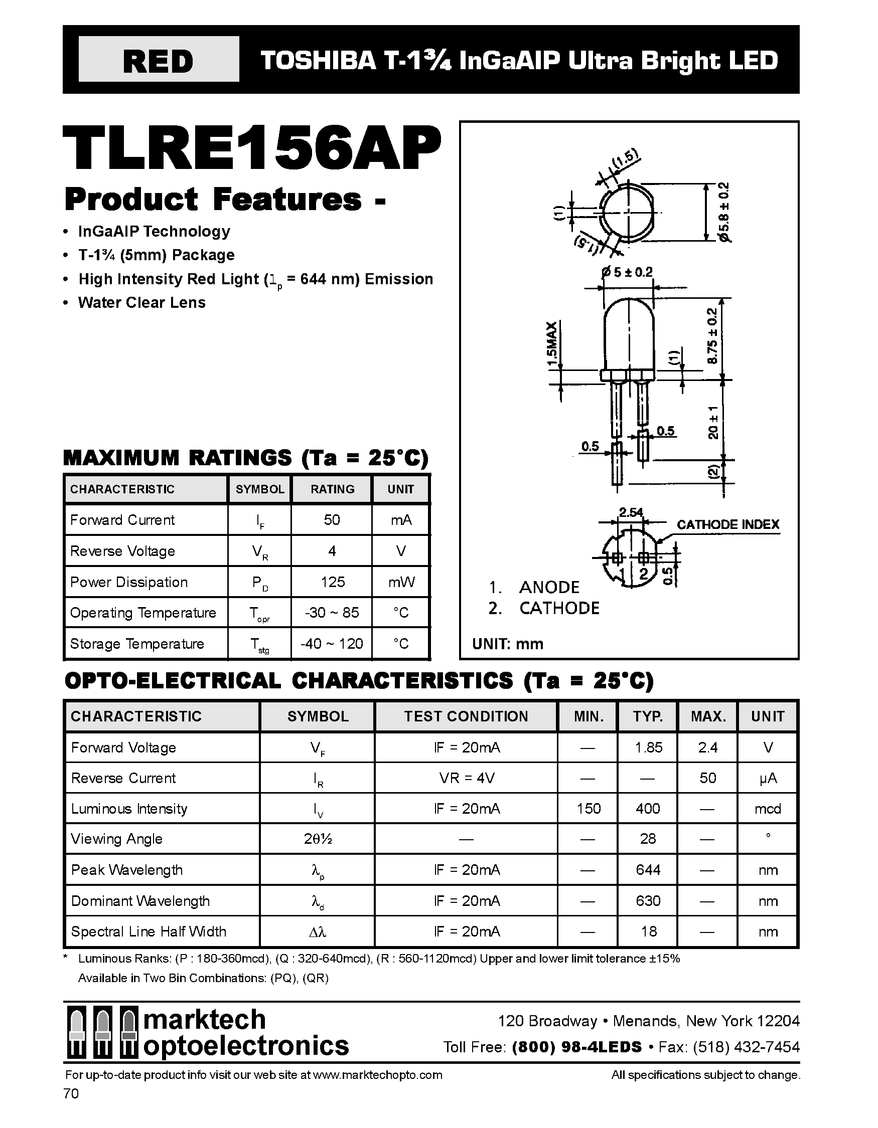 Datasheet TLRE156AP - TOSHIBA T-1 3/4 InGaAIP Ultra Bright LED page 1