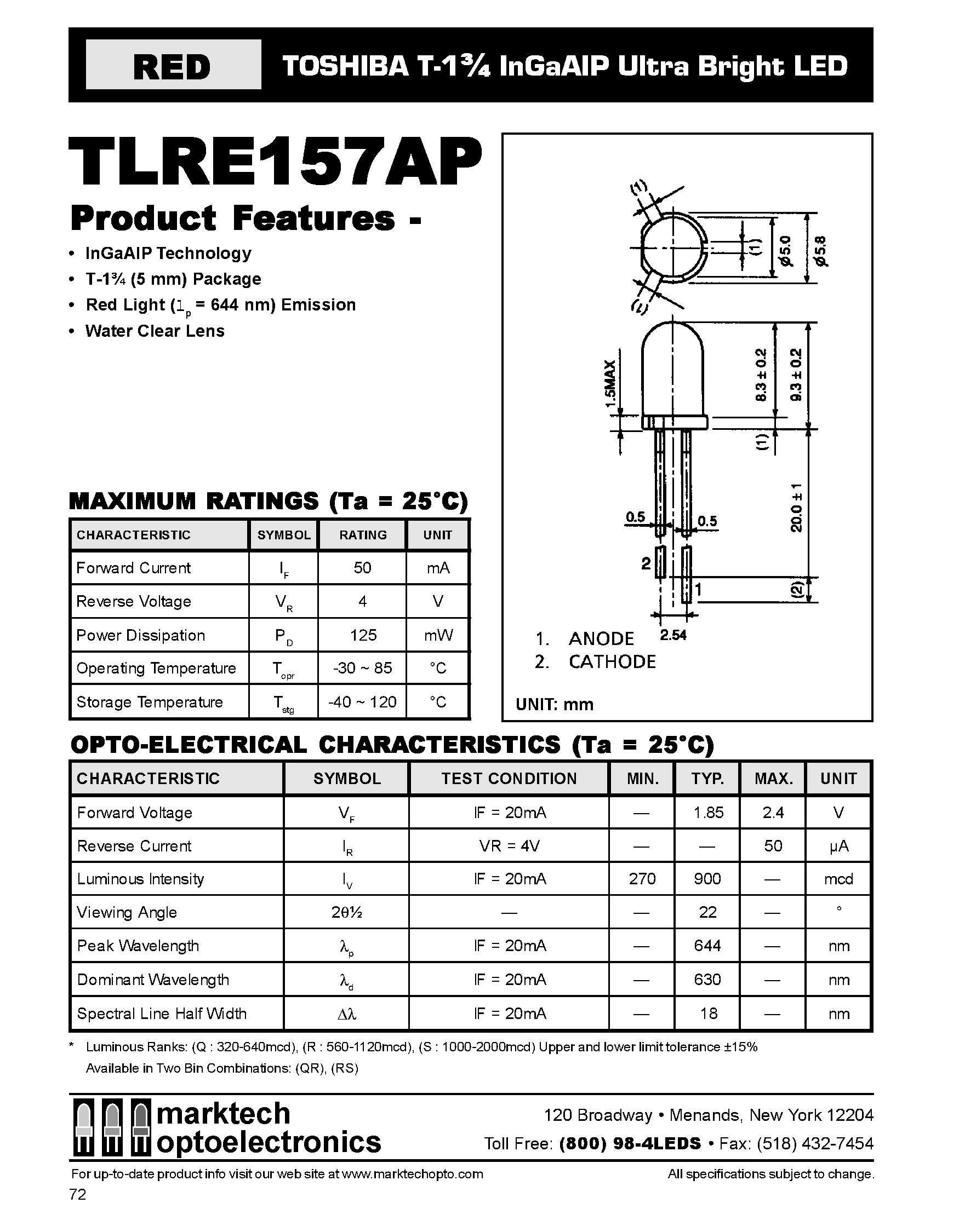 Datasheet TLRE157AP - TOSHIBA T-1 3/4 InGaAIP Ultra Bright LED page 1