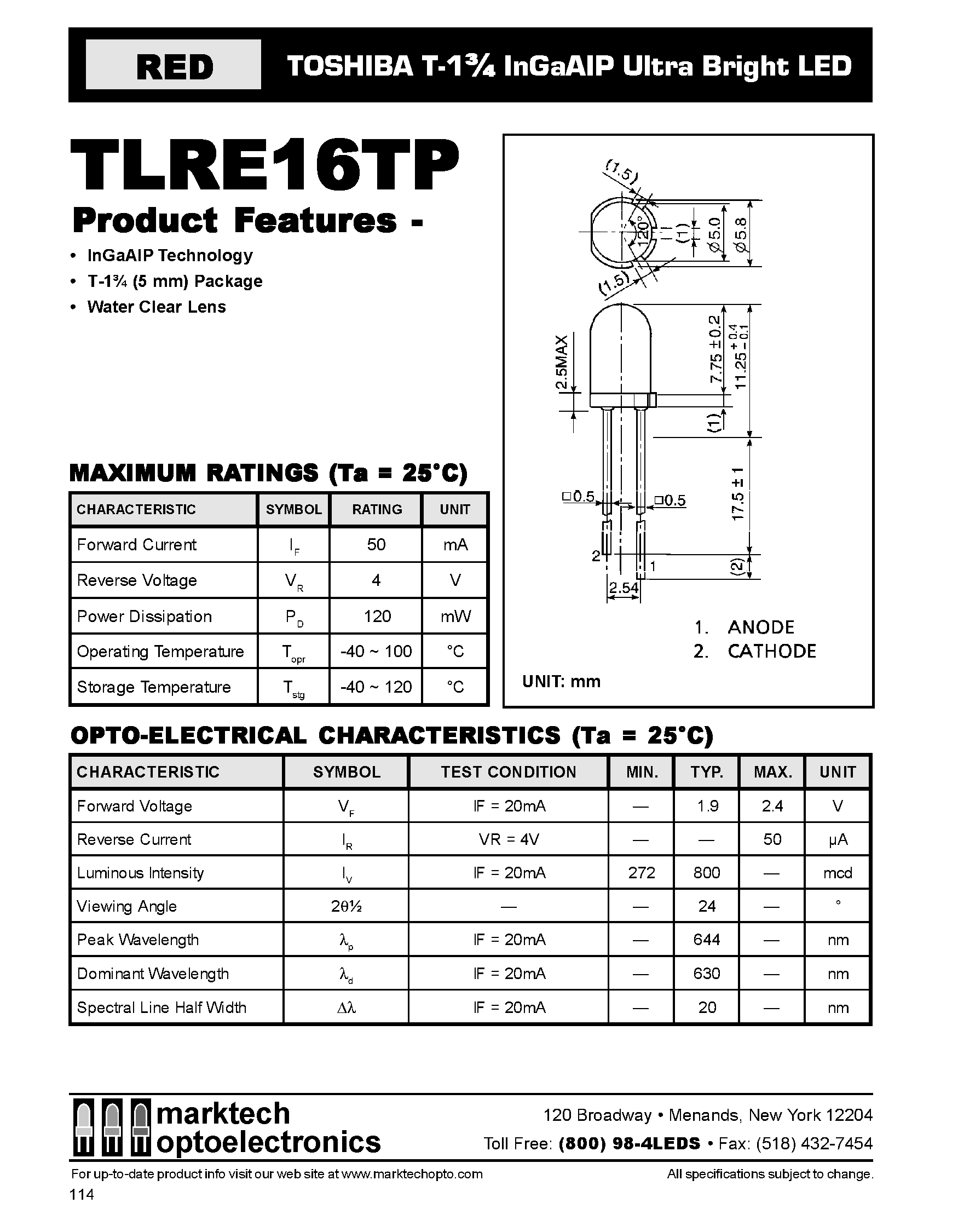 Datasheet TLRE16TP - TOSHIBA T-1 3/4 InGaAIP Ultra Bright LED page 1