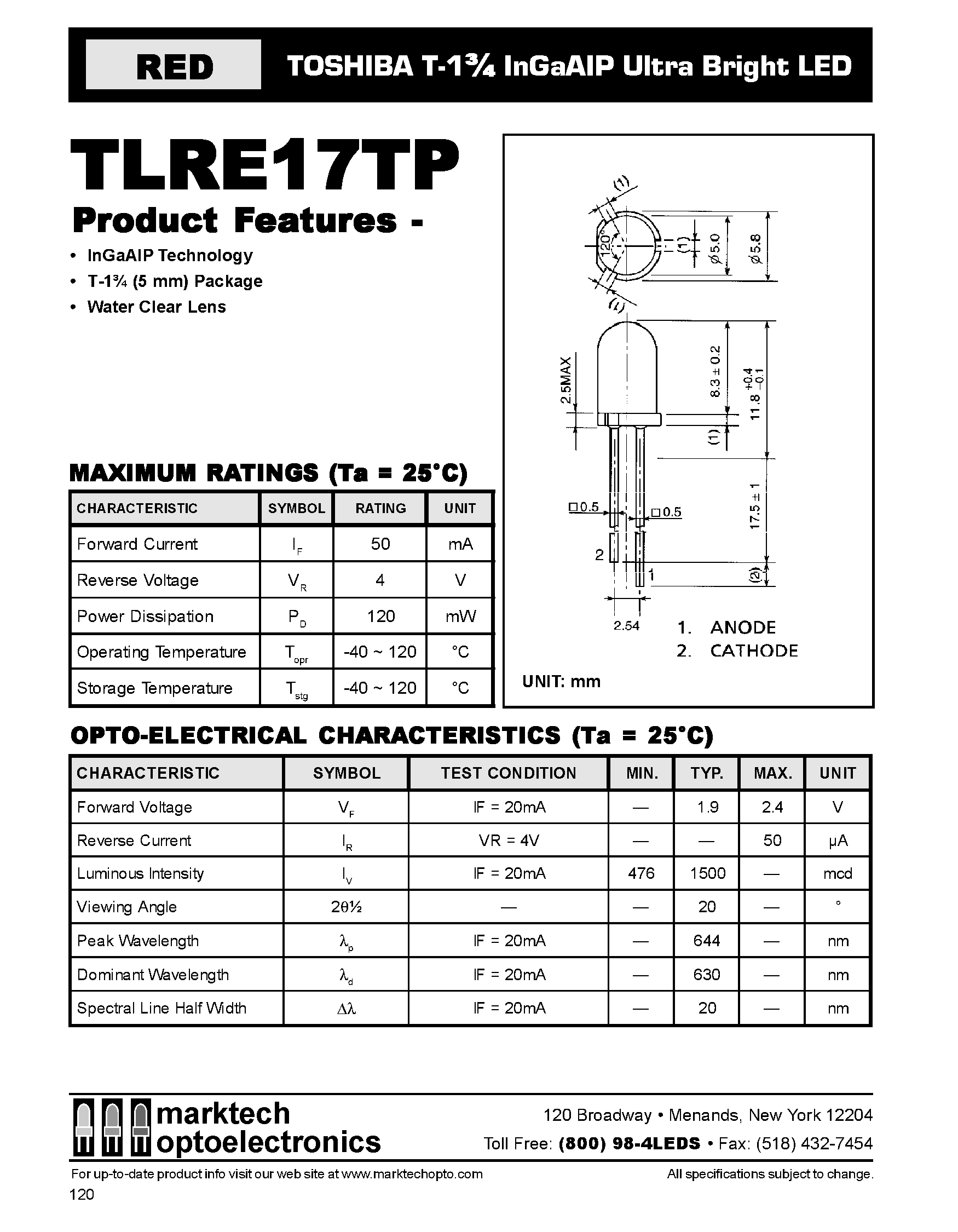 Datasheet TLRE17TP - TOSHIBA T-1 3/4 InGaAIP Ultra Bright LED page 1