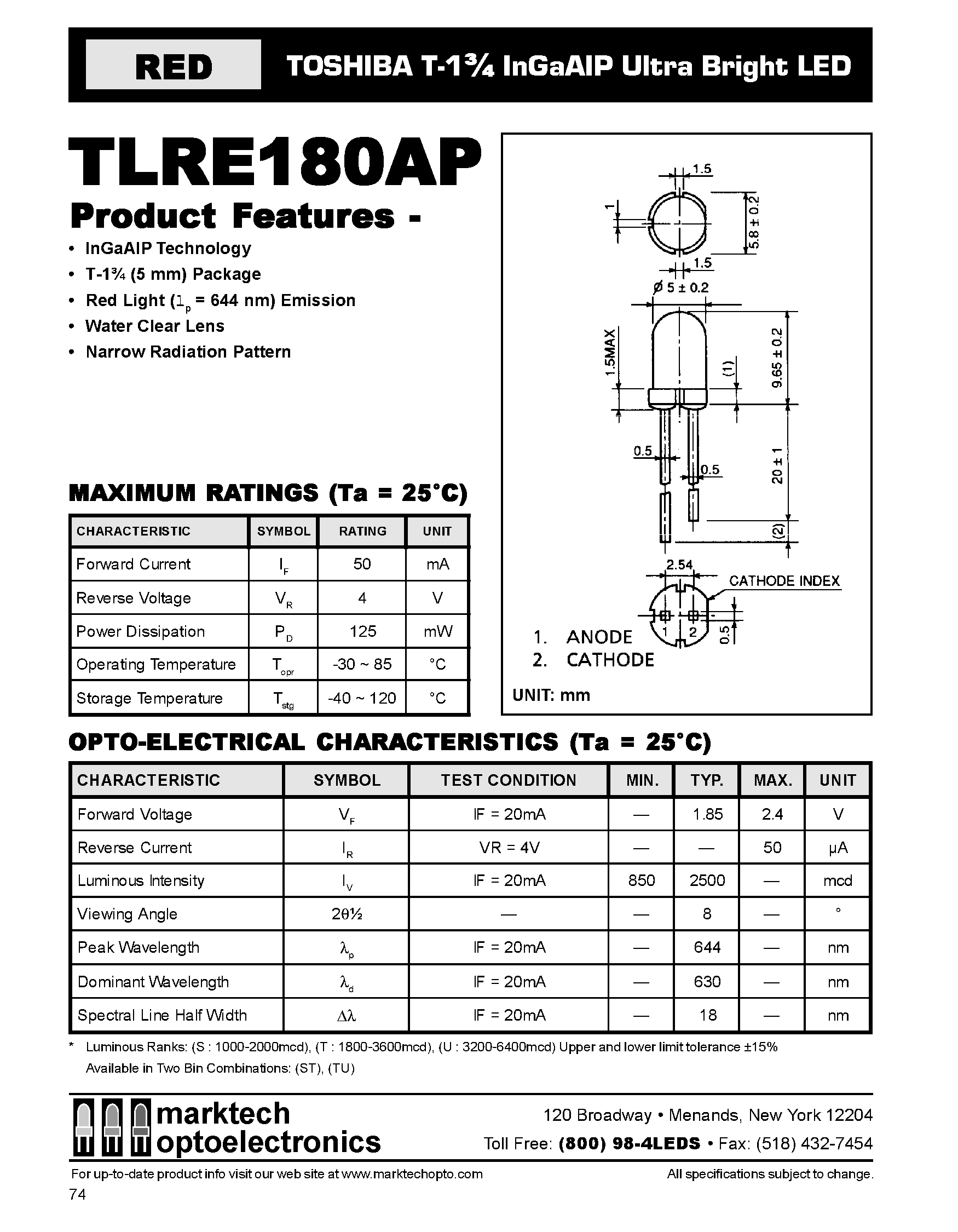 Datasheet TLRE180AP - TOSHIBA T-1 3/4 InGaAIP Ultra Bright LED page 1