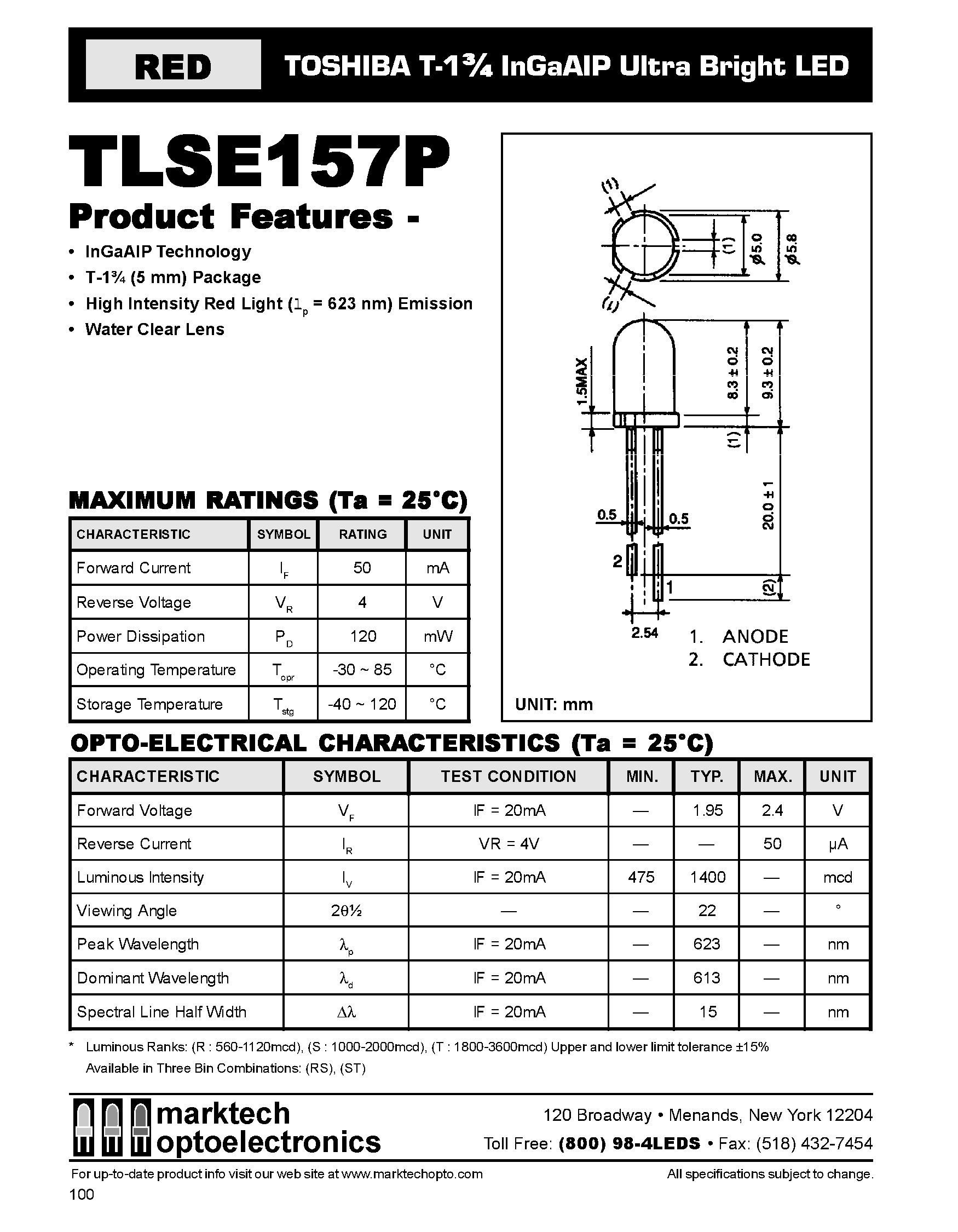 Datasheet TLSE157P - TOSHIBA T-1 3/4 InGaAIP Ultra Bright LED page 1