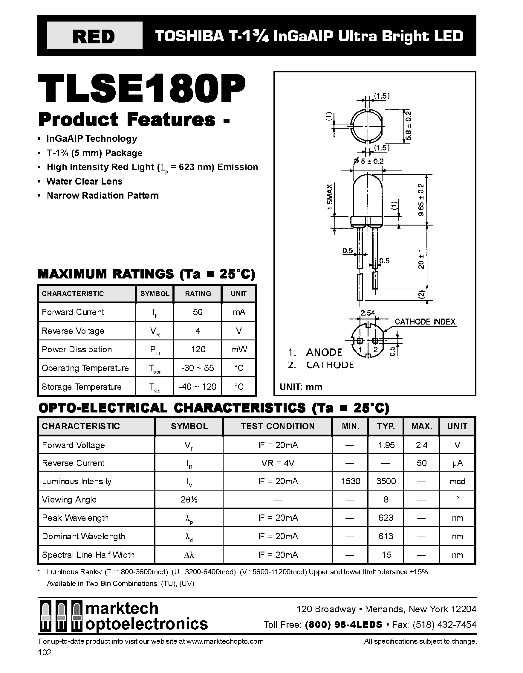 Datasheet TLSE180P - TOSHIBA T-1 3/4 InGaAIP Ultra Bright LED page 1