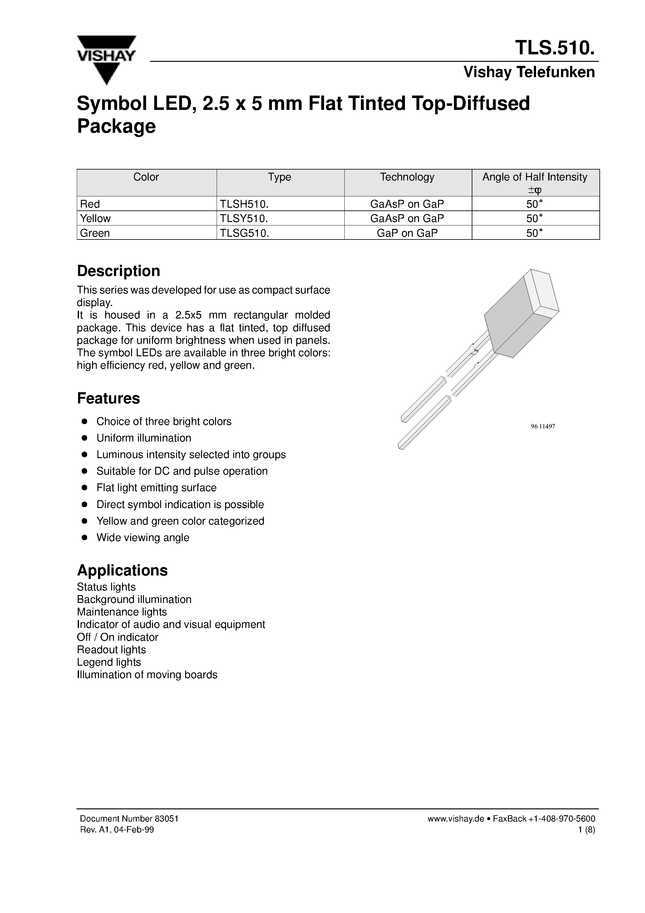 Даташит TLSG510 - Symbol LED/ 2.5 x 5 mm Flat Tinted Top-Diffused Package страница 1
