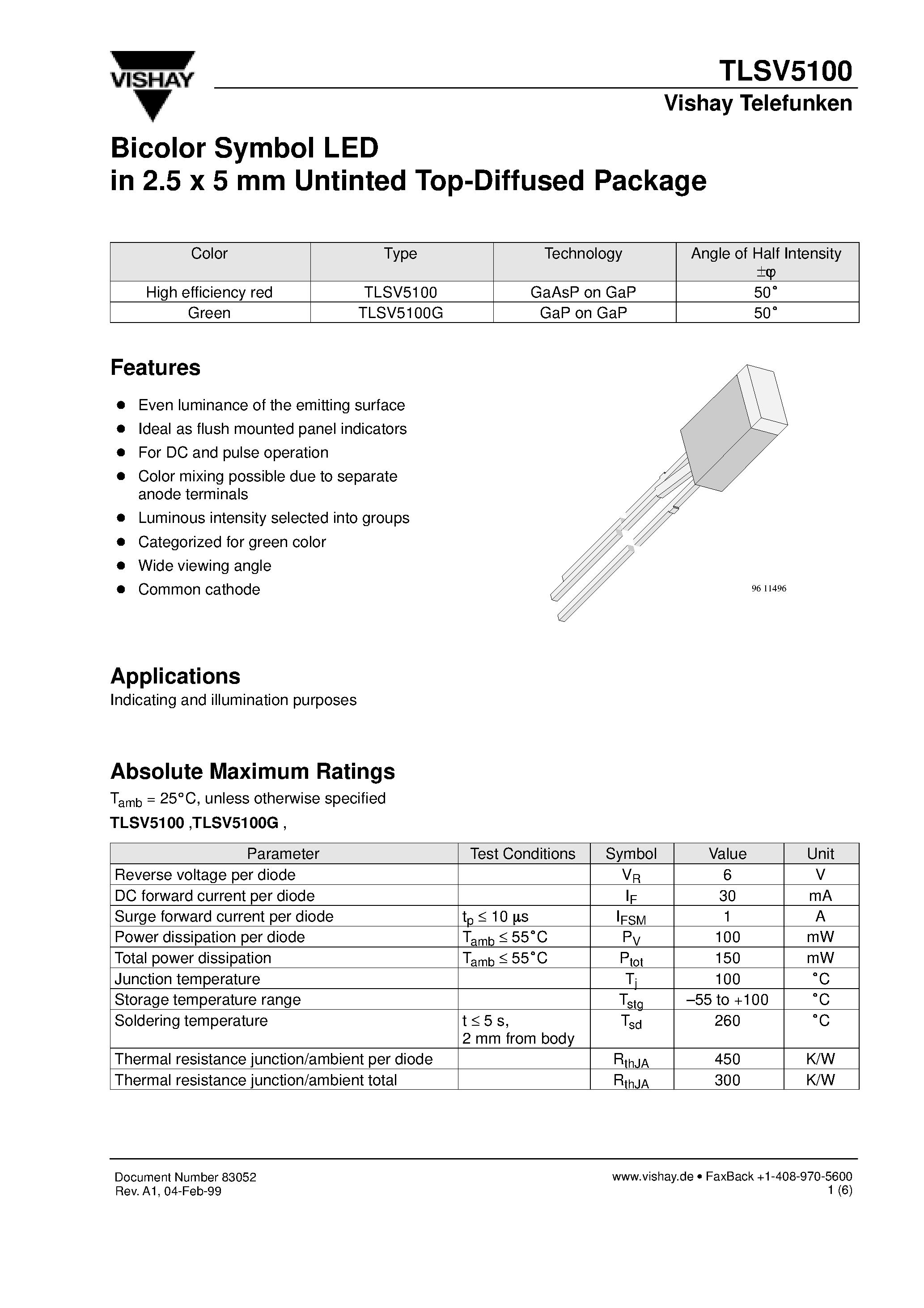 Даташит TLSV5100 - Bicolor Symbol LED in 2.5 x 5 mm Untinted Top-Diffused Package страница 1