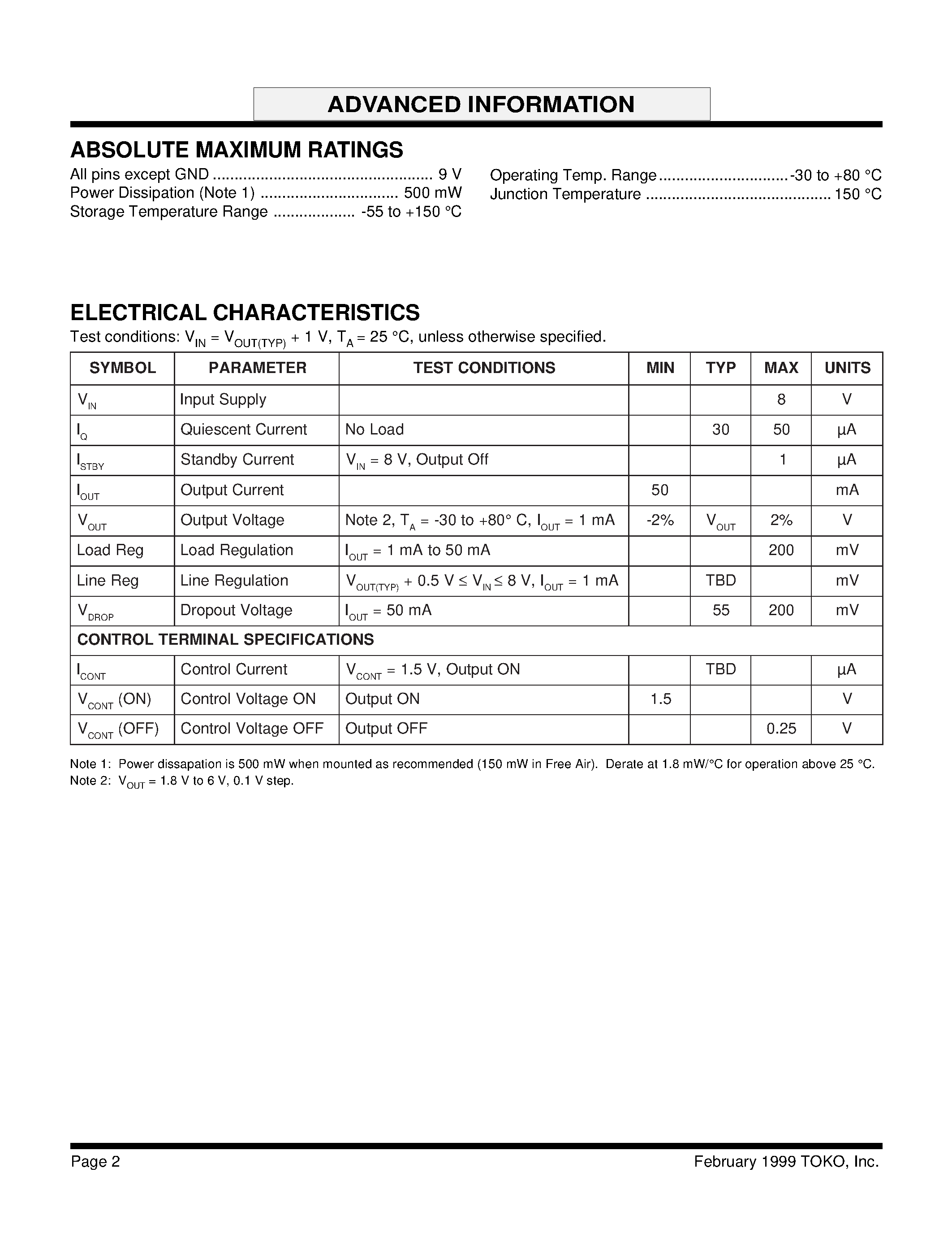 Datasheet TK618STL - CMOS LDO REGULATOR WITH HIGH ACTIVE CONTROL ADVANCED page 2