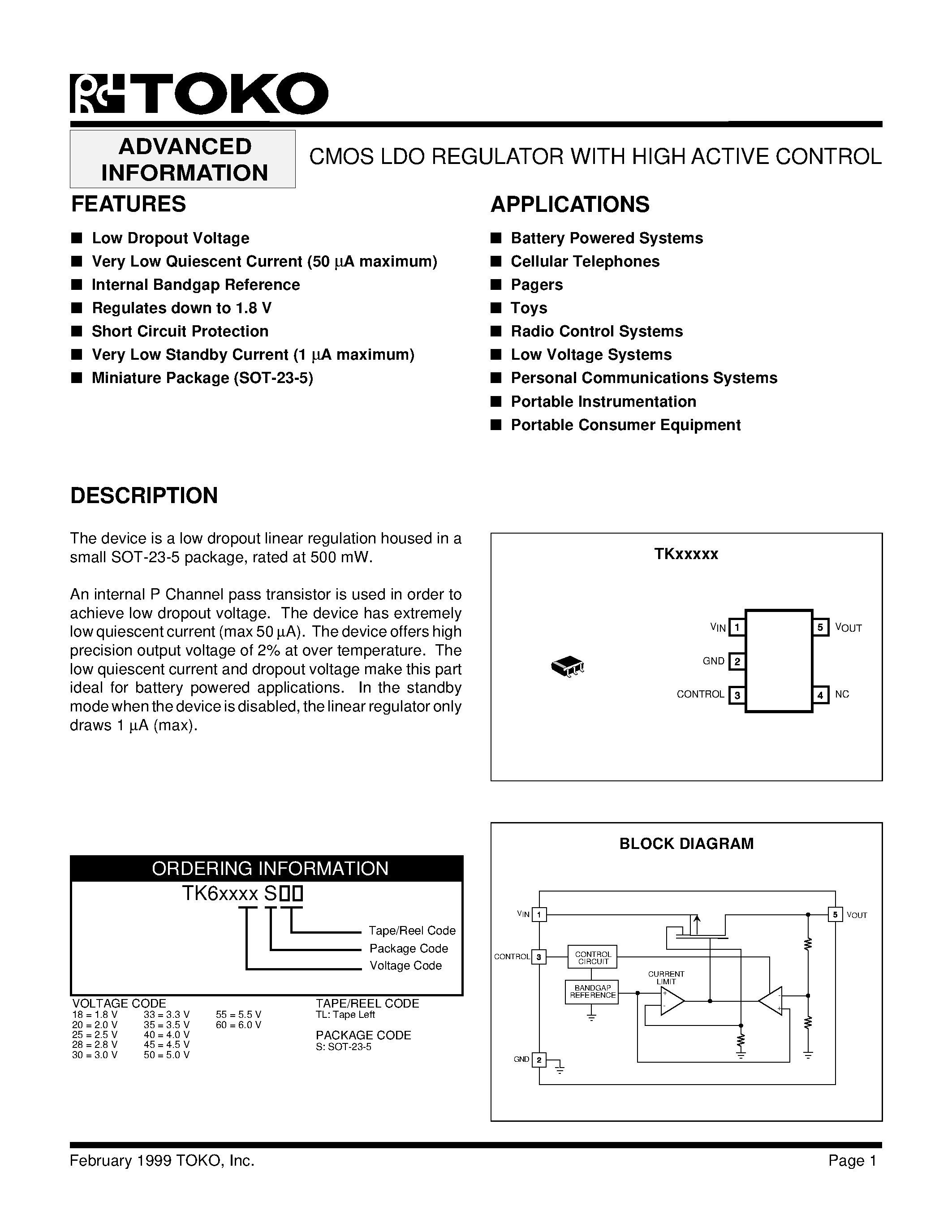 Даташит TK620STL - CMOS LDO REGULATOR WITH HIGH ACTIVE CONTROL ADVANCED страница 1