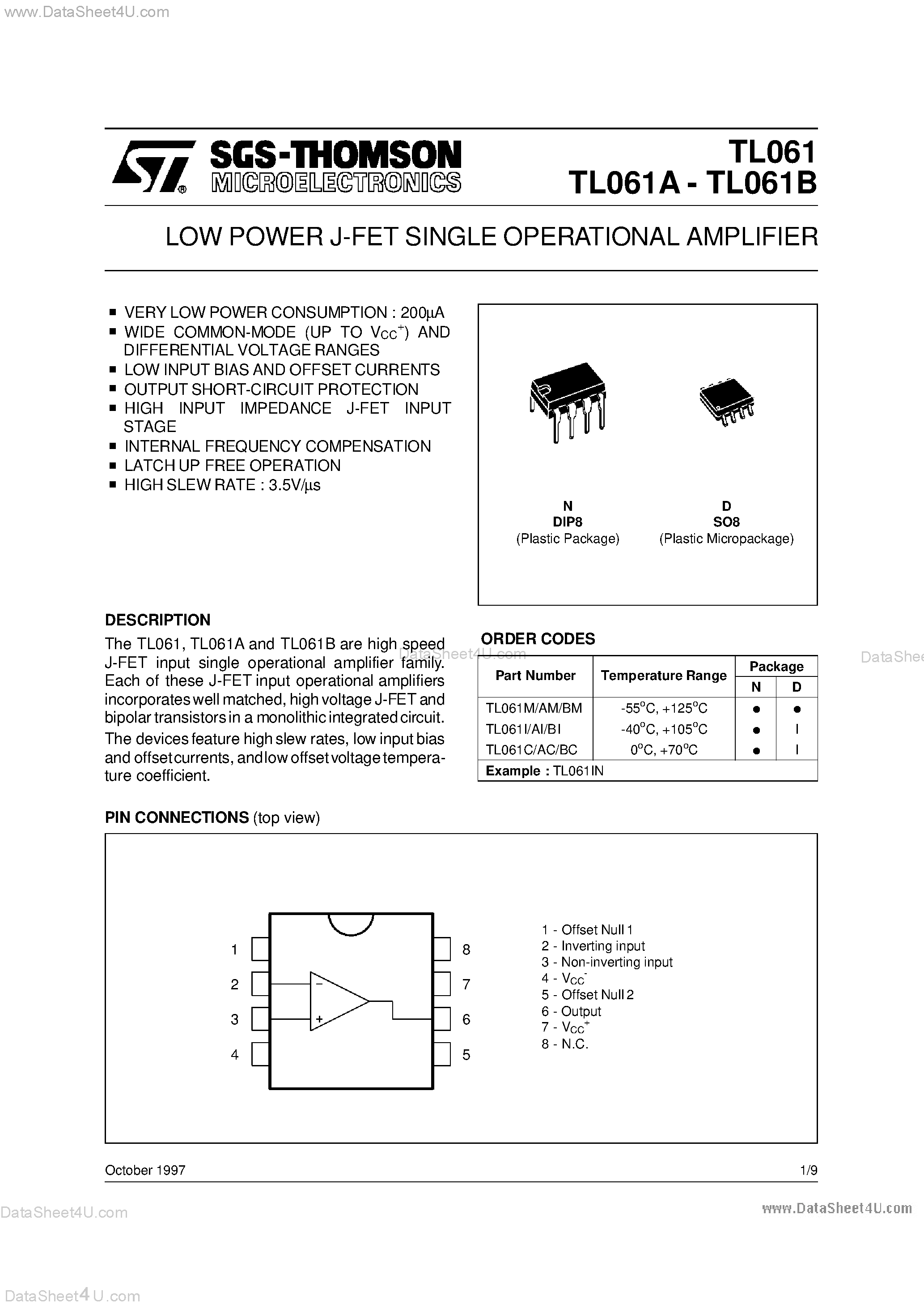 Даташит TL061 - LOW POWER J-FET SINGLE OPERATIONAL AMPLIFIER страница 1