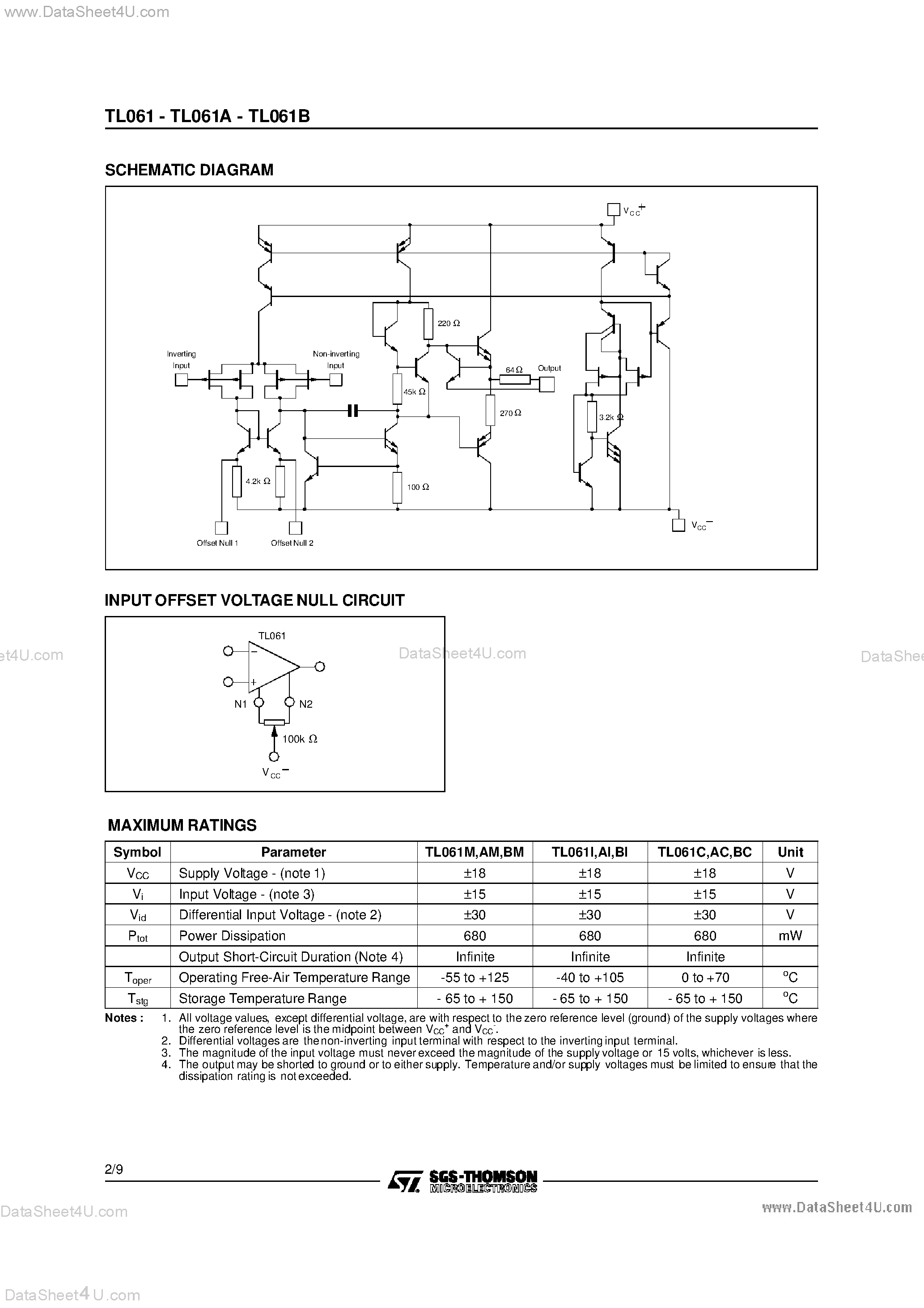 Даташит TL061 - LOW POWER J-FET SINGLE OPERATIONAL AMPLIFIER страница 2