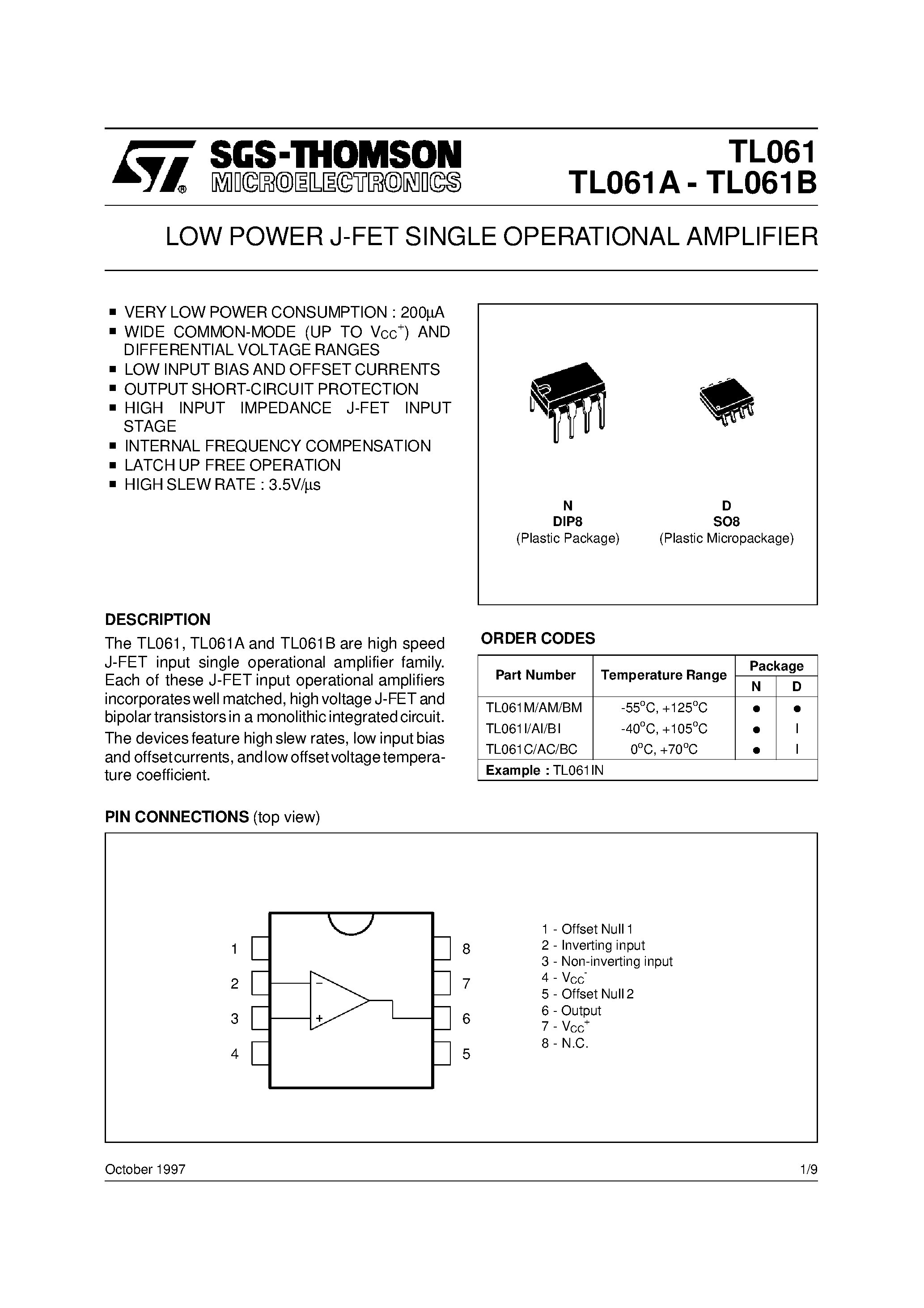 Даташит TL061A - LOW POWER J-FET SINGLE OPERATIONAL AMPLIFIER страница 1