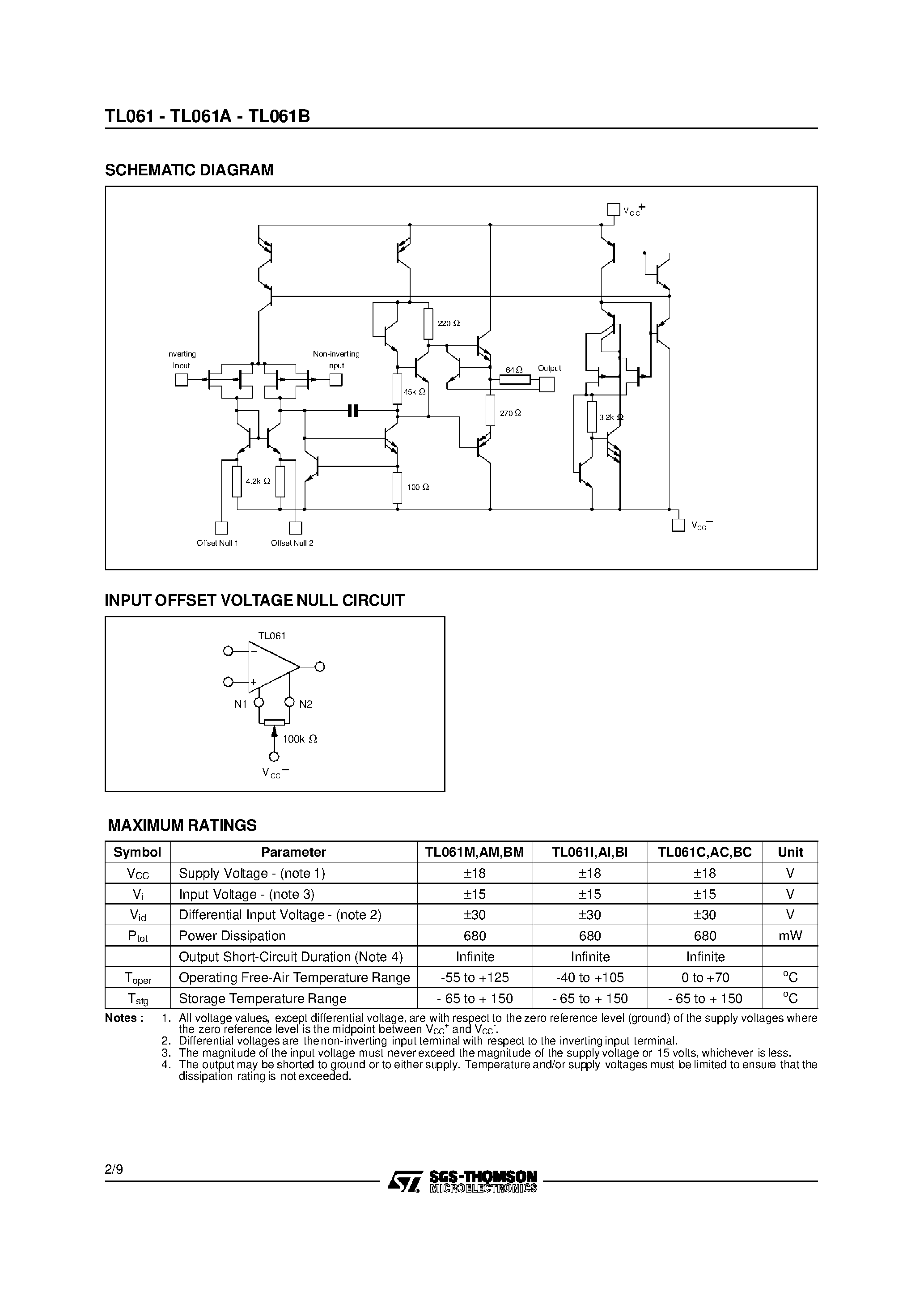 Даташит TL061A - LOW POWER J-FET SINGLE OPERATIONAL AMPLIFIER страница 2