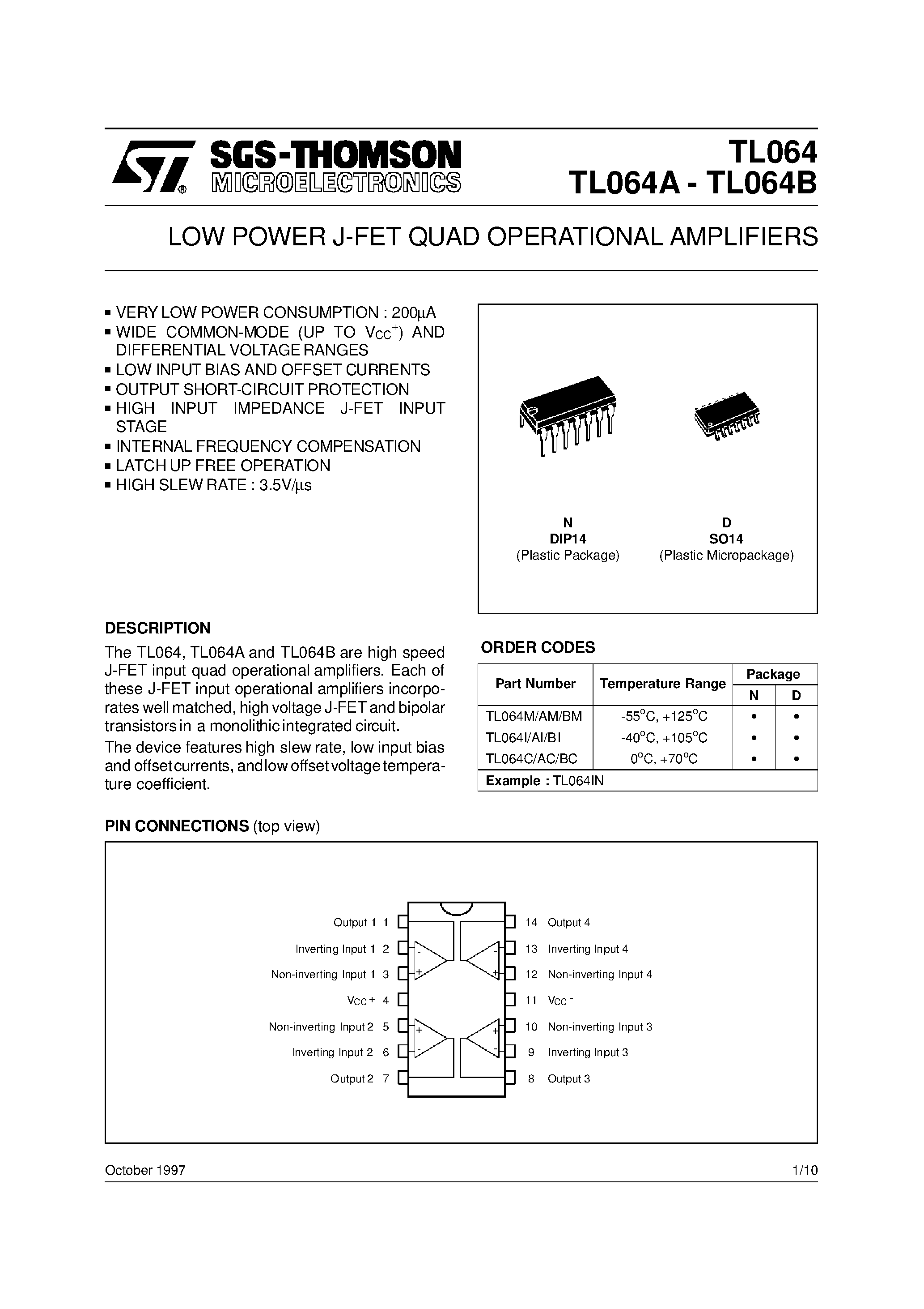 Datasheet TL064ACN - LOW POWER J-FET QUAD OPERATIONAL AMPLIFIERS page 1