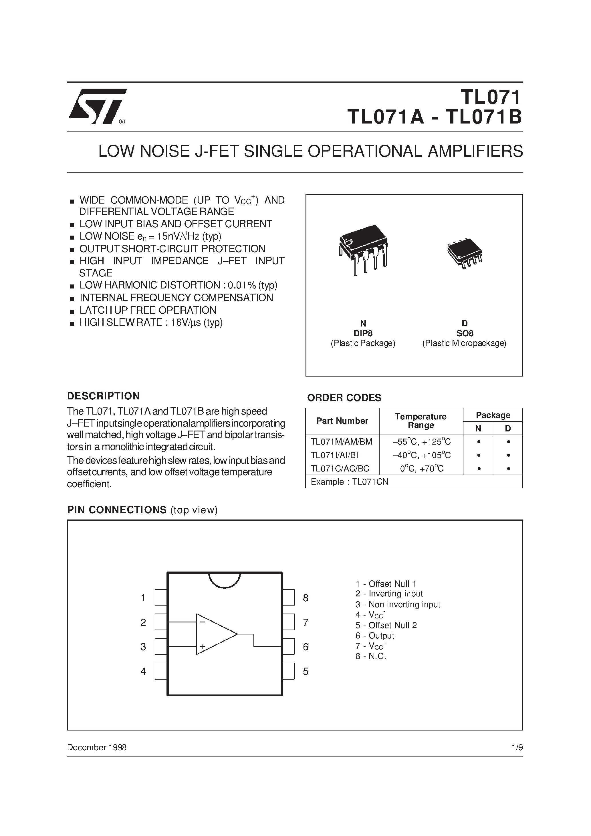 Datasheet TL071 - LOW NOISE J-FET SINGLE OPERATIONAL AMPLIFIERS page 1