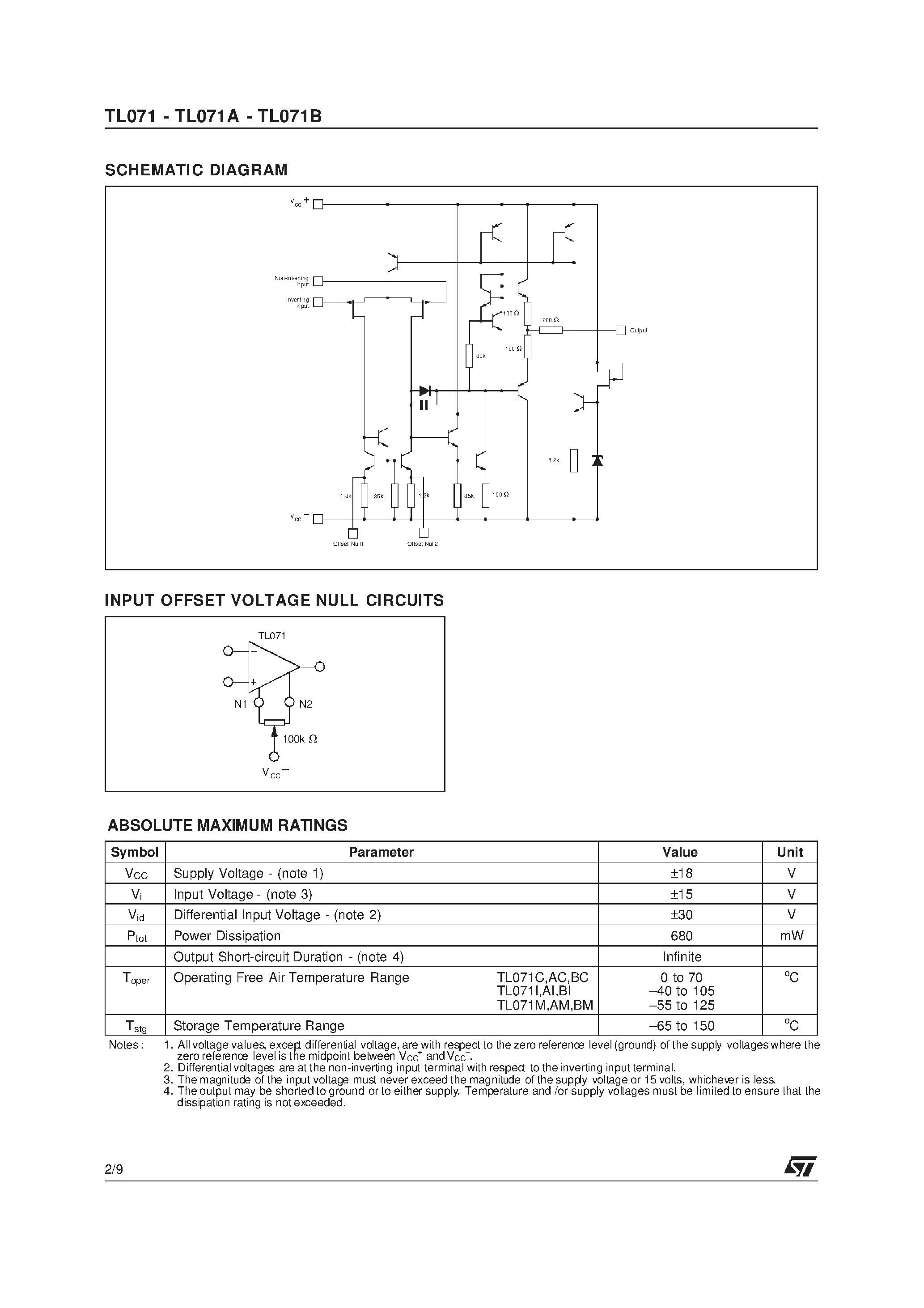 Datasheet TL071 - LOW NOISE J-FET SINGLE OPERATIONAL AMPLIFIERS page 2