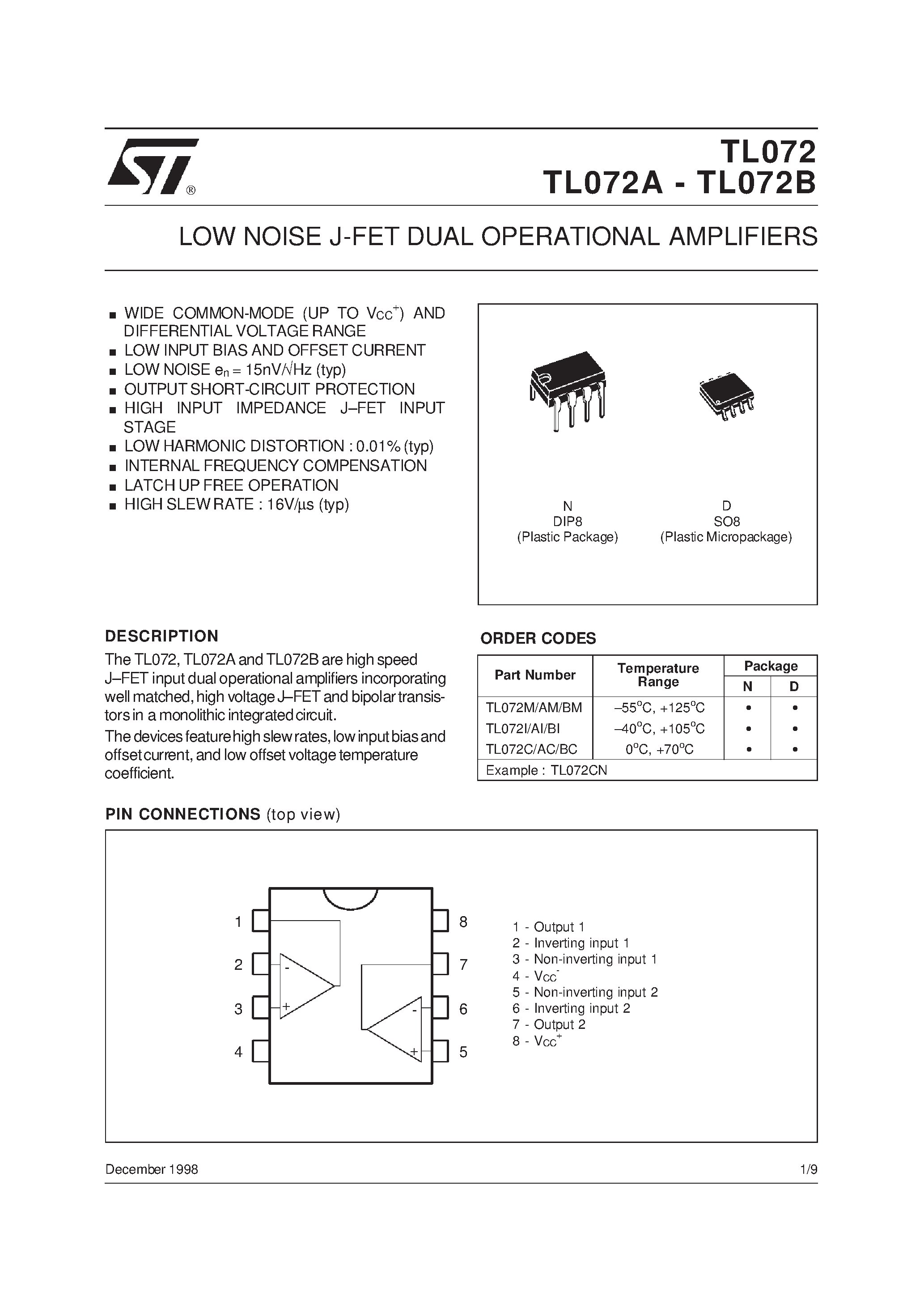 Datasheet TL072 - LOW NOISE J-FET DUAL OPERATIONAL AMPLIFIERS page 1